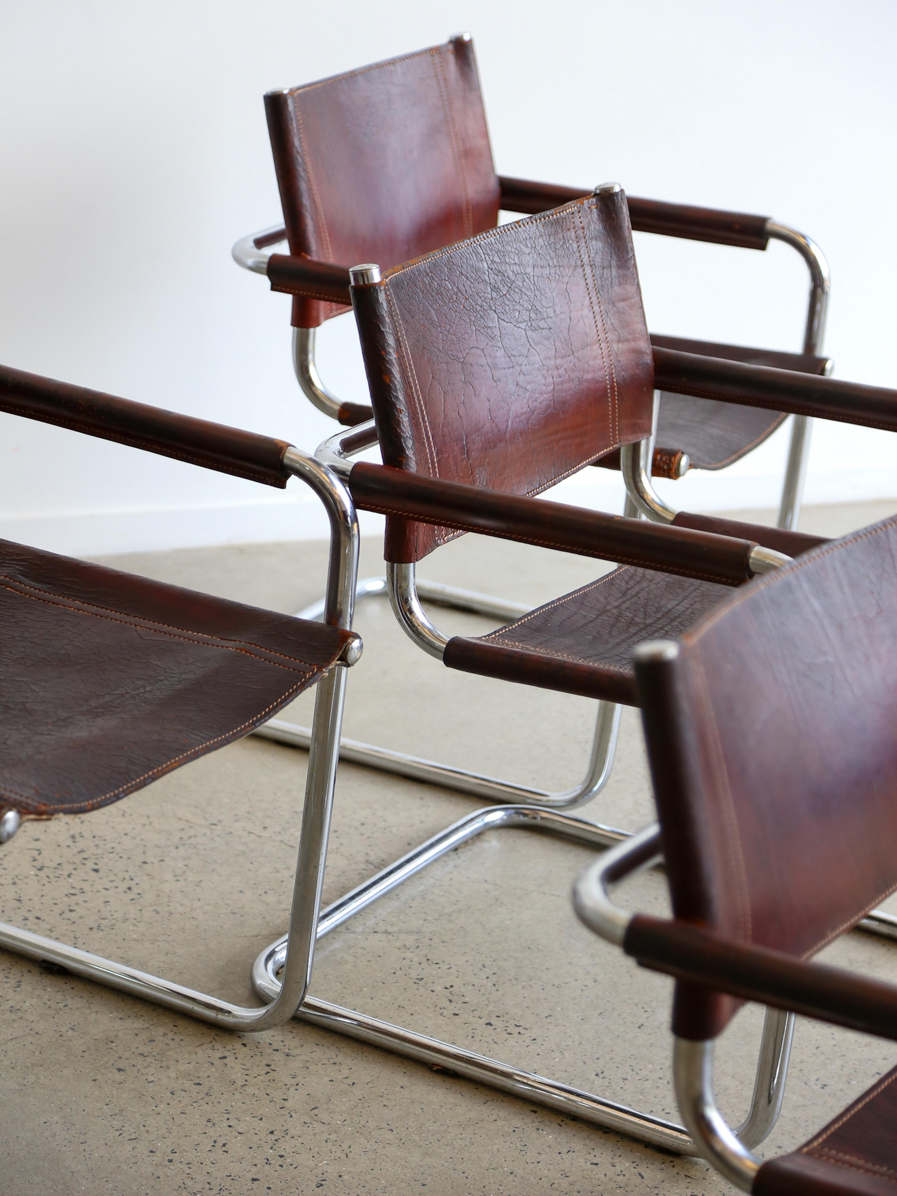 S33 Ensemble de six chaises en cuir Brown et chrome Marcel Breuer  Bon état - En vente à Byron Bay, NSW