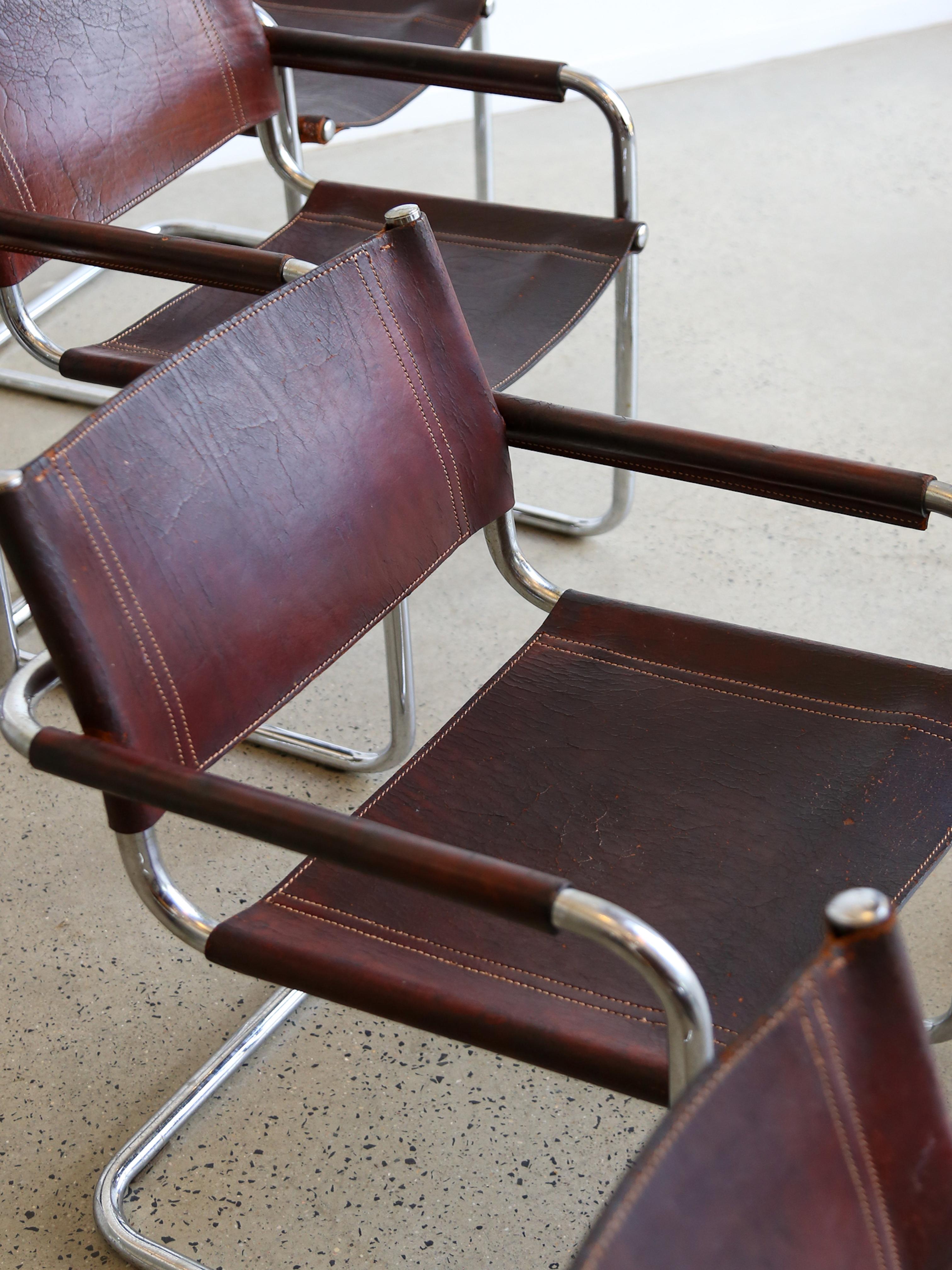 Late 20th Century S33 Marcel Breuer Brown Leather & Chrome Set of Six Chairs  For Sale