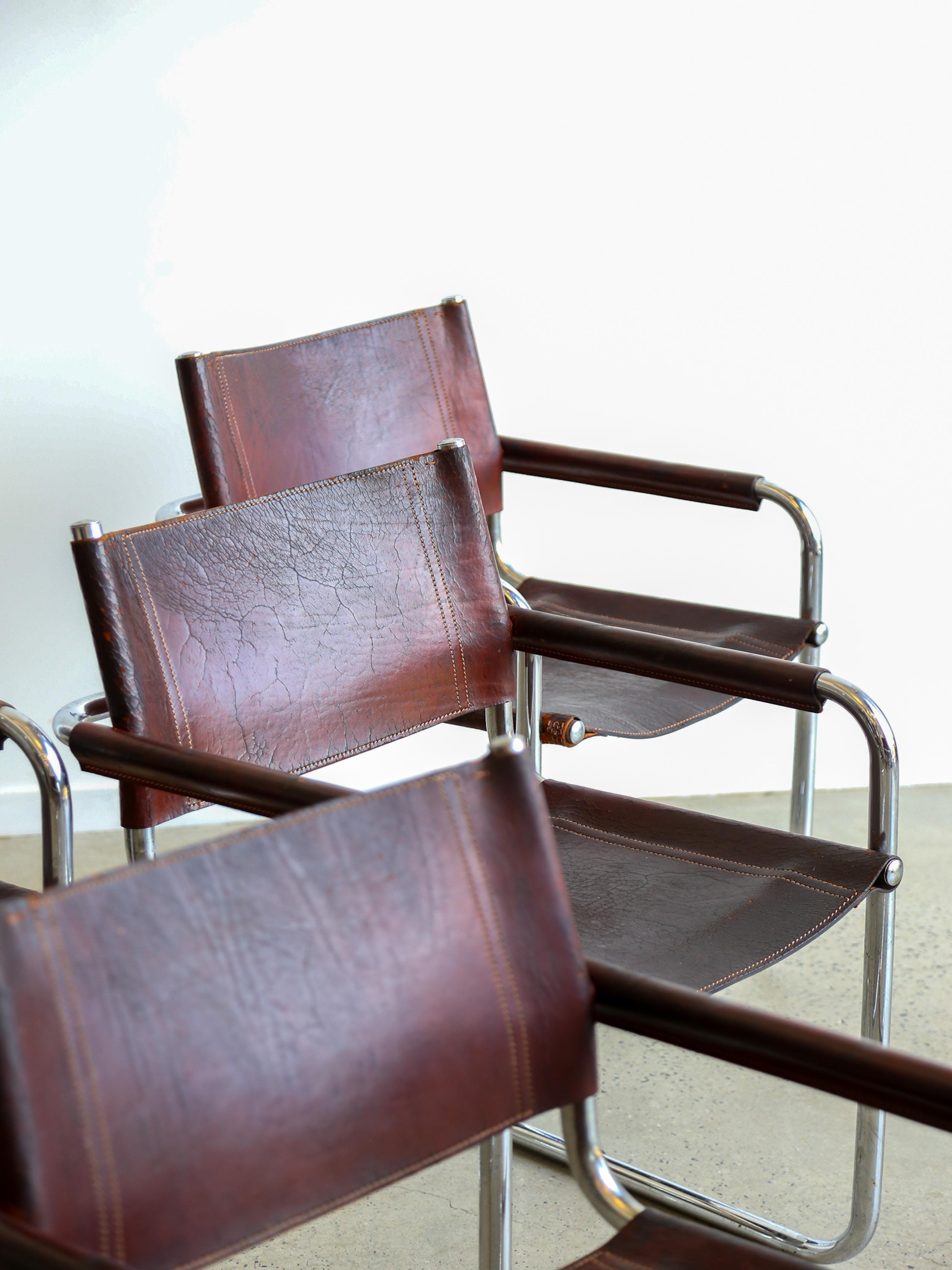 S33 Marcel Breuer Brown Leather & Chrome Set of Six Chairs  For Sale 1