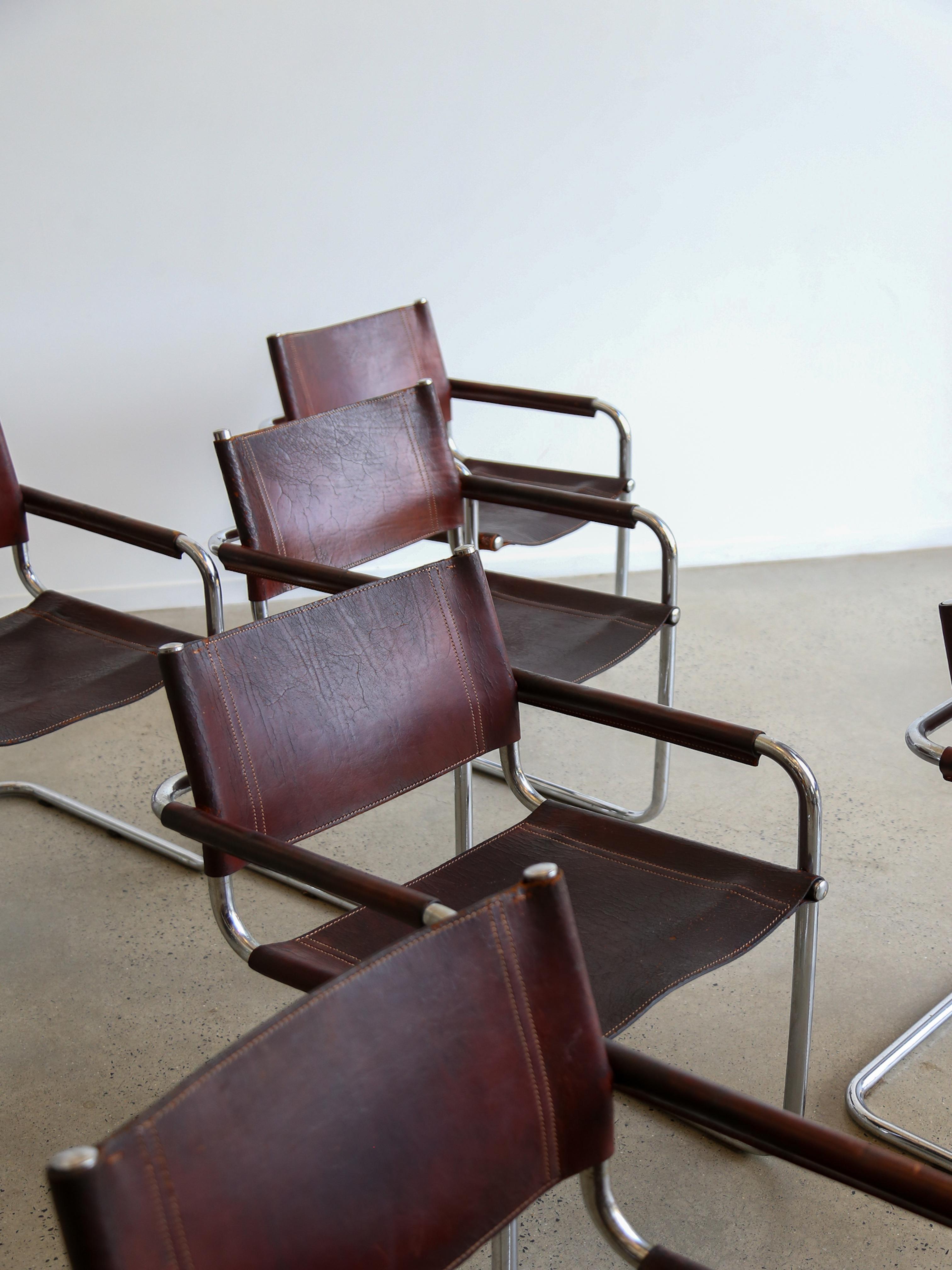 S33 Marcel Breuer Brown Leather & Chrome Set of Six Chairs  For Sale 2