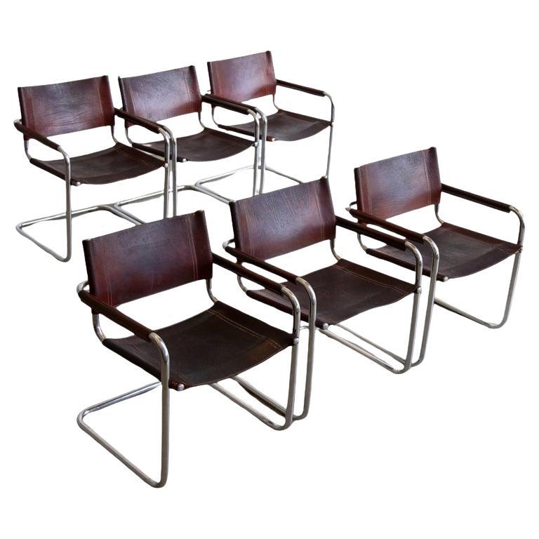 S33 Set di sei sedie in pelle marrone e cromo di Marcel Breuer in vendita