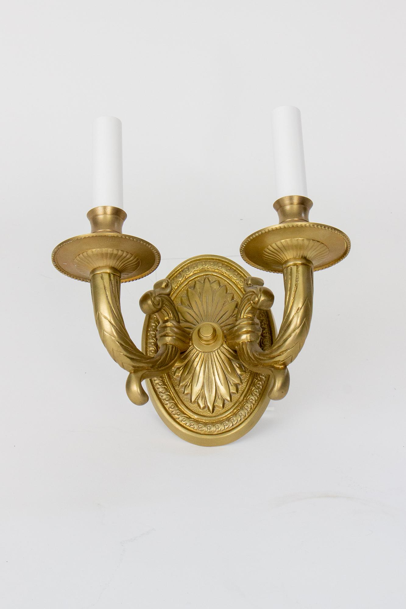 S373 Late 20th Century Cast Brass Two Arm Sconces, a Pair In Excellent Condition For Sale In Canton, MA