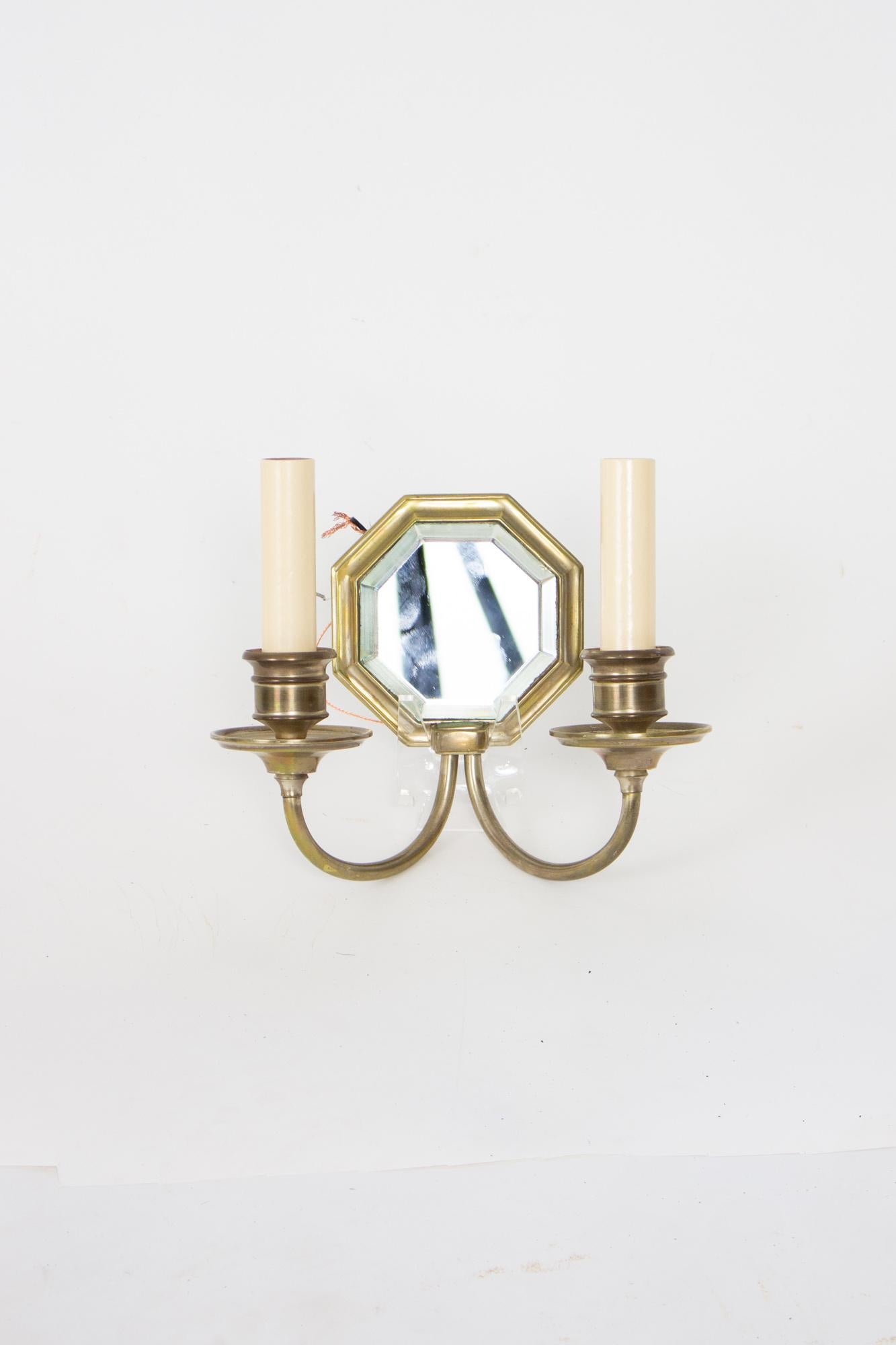 S378 Early 20th Century Octagonal Mirror Back Sconces, a Pair In Good Condition In Canton, MA