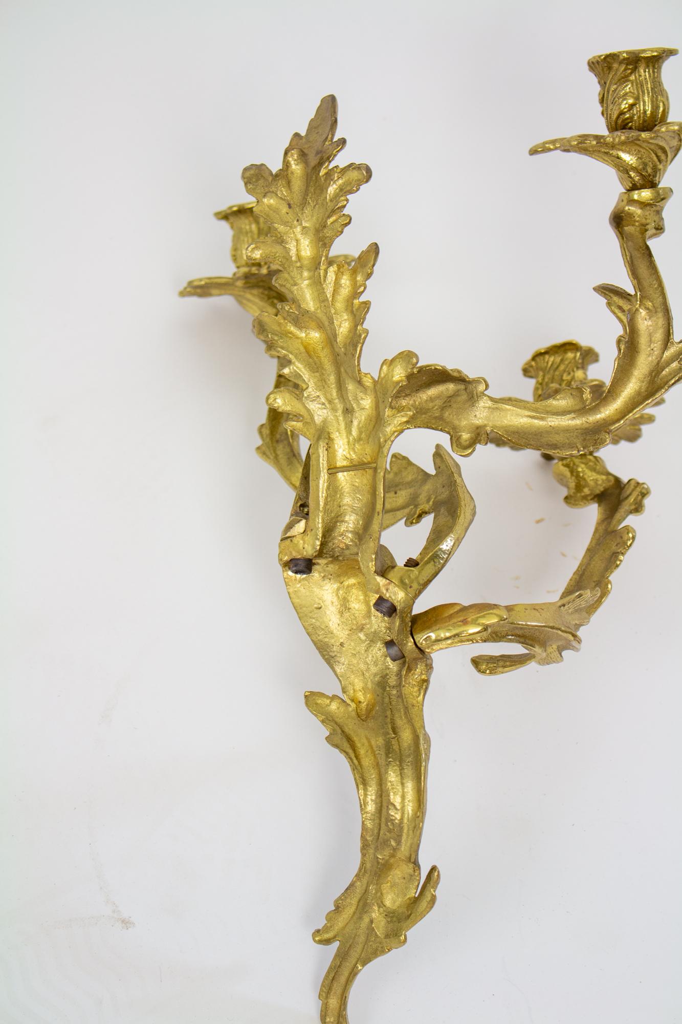 S392 Mid 20th Century Brass Louis XV Style Sconces - a Pair In Good Condition For Sale In Canton, MA