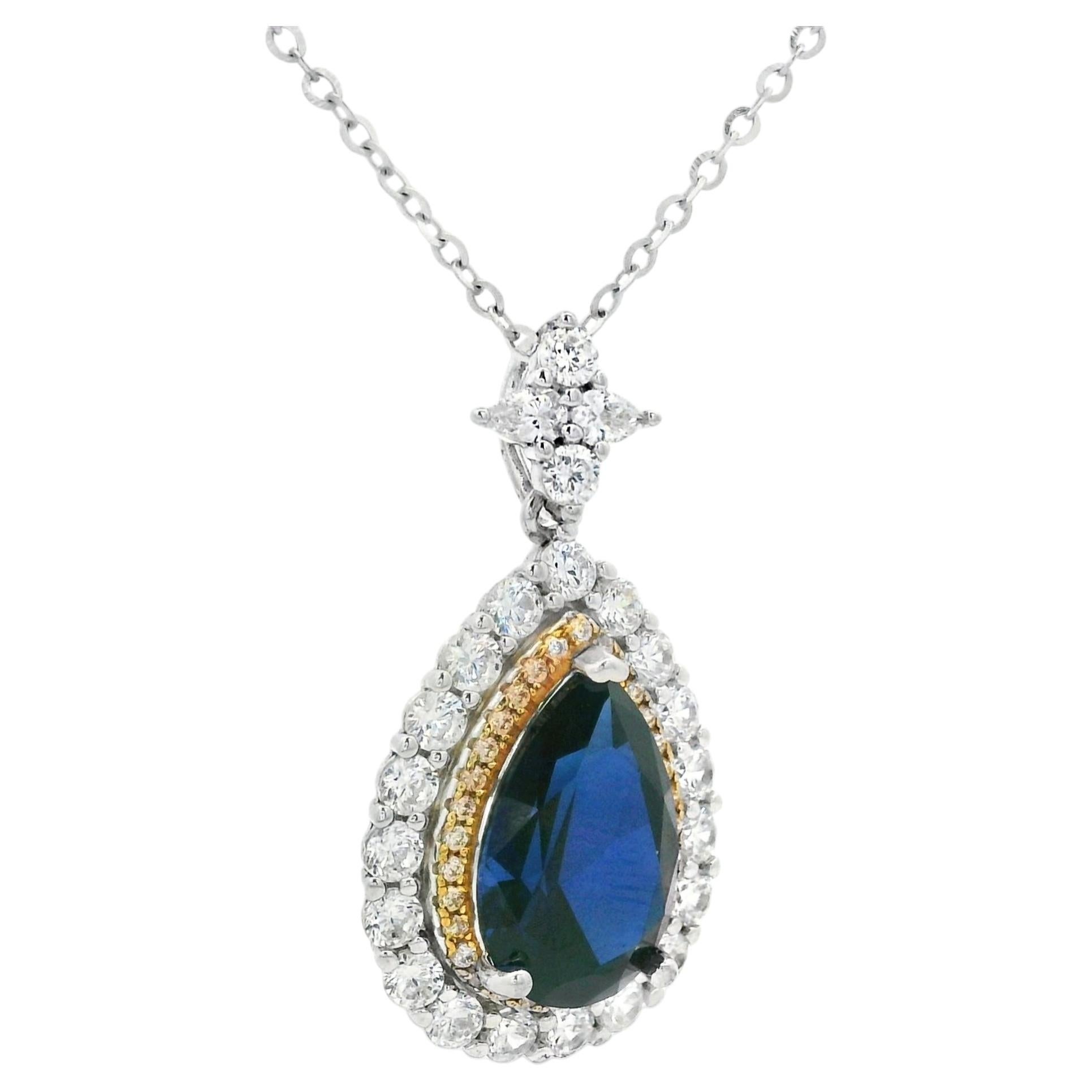 S925 Silver Pear-Cut Sapphire Pendant Necklace, 12x8mm For Sale