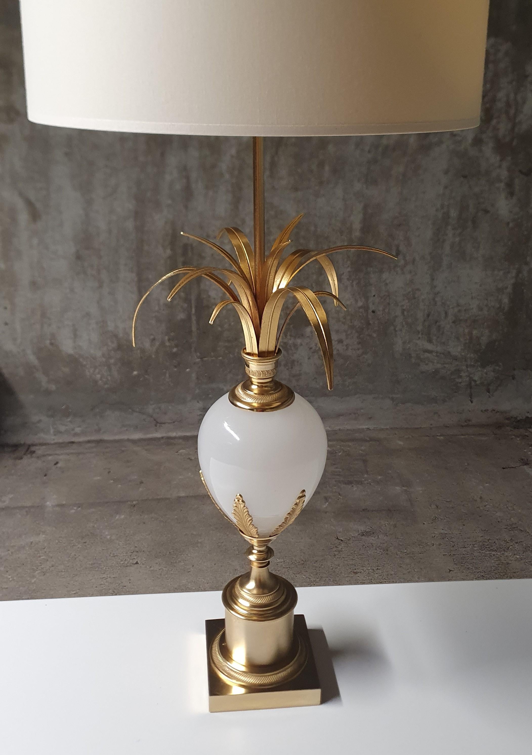 S.A. Boulanger Bronze and Brass Palm Leaf Table lamp with Milk Glass Ostrich Egg 3