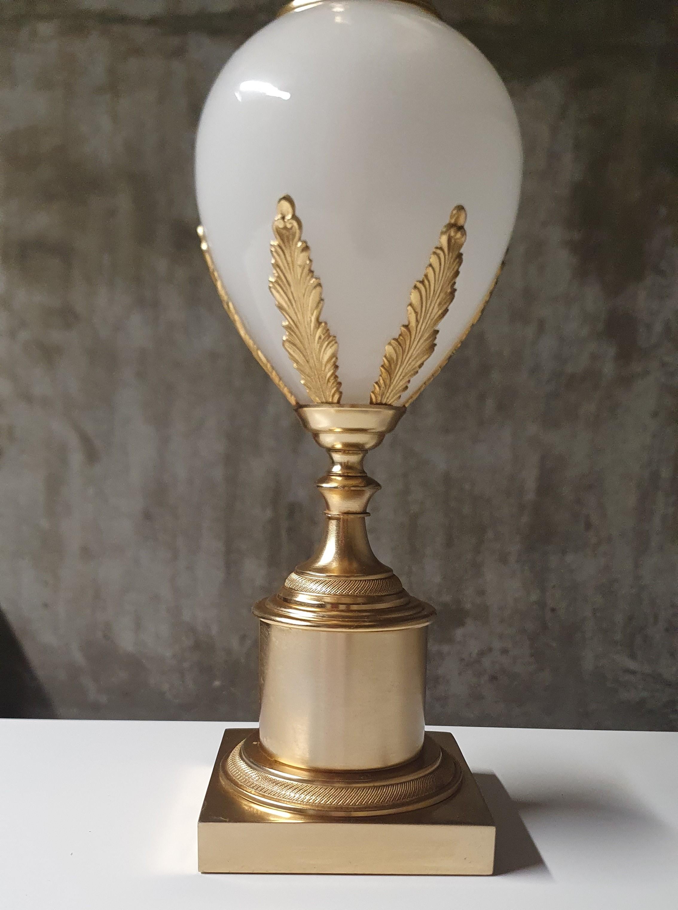 S.A. Boulanger Bronze and Brass Palm Leaf Table lamp with Milk Glass Ostrich Egg 4