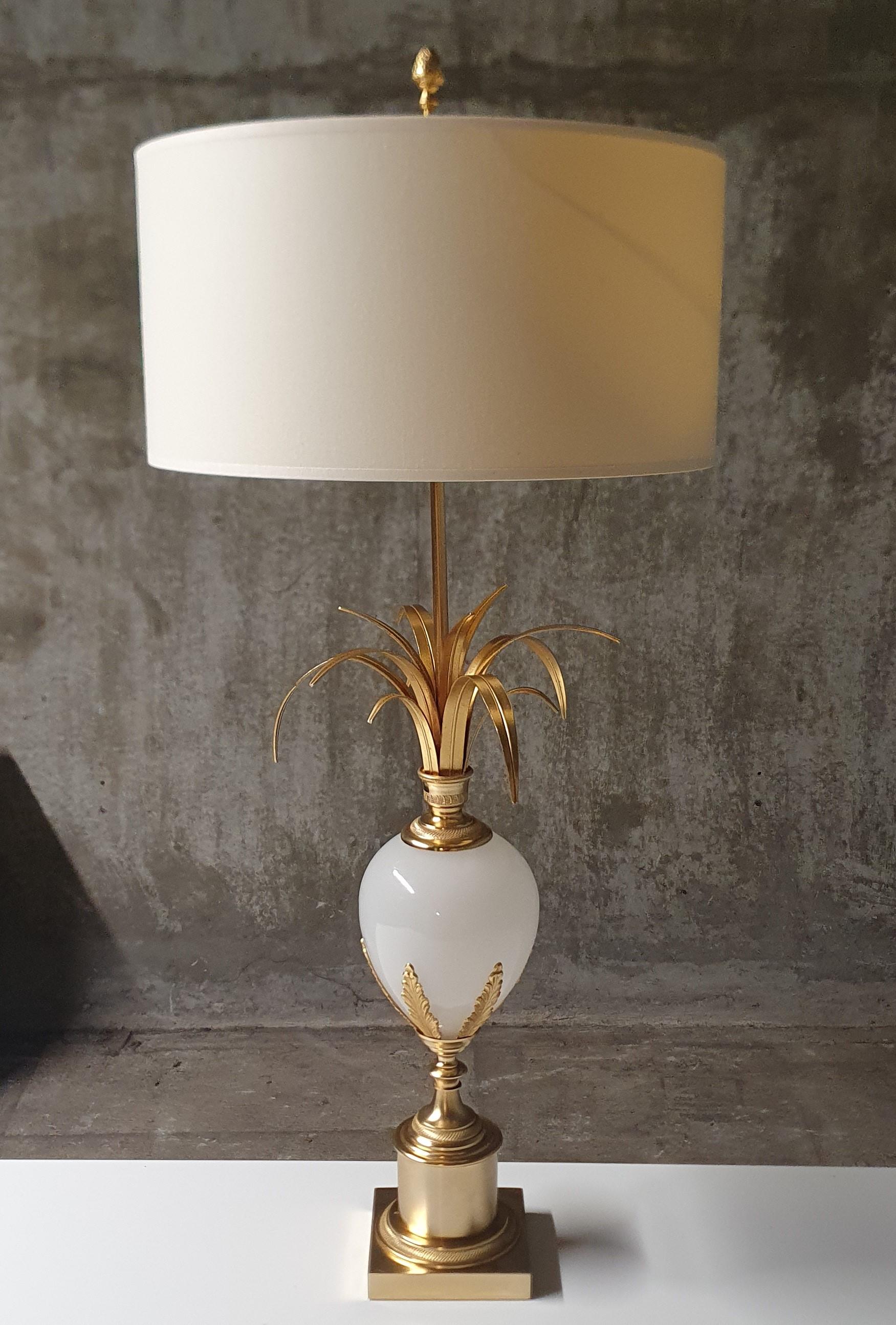 S.A. Boulanger Bronze and Brass Palm Leaf Table lamp with Milk Glass Ostrich Egg 5