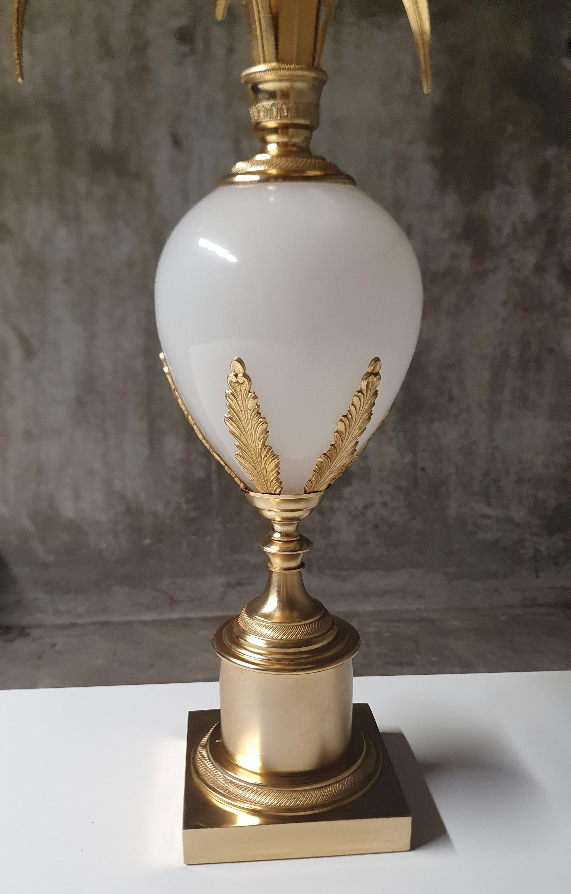 S.A. Boulanger Bronze and Brass Palm Leaf Table lamp with Milk Glass Ostrich Egg 6