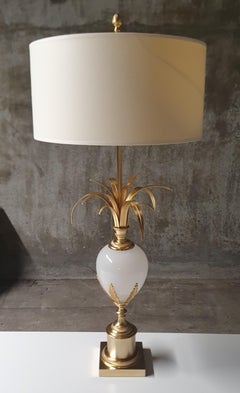 S.A. Boulanger Bronze and Brass Palm Leaf Table lamp with Milk Glass Ostrich Egg