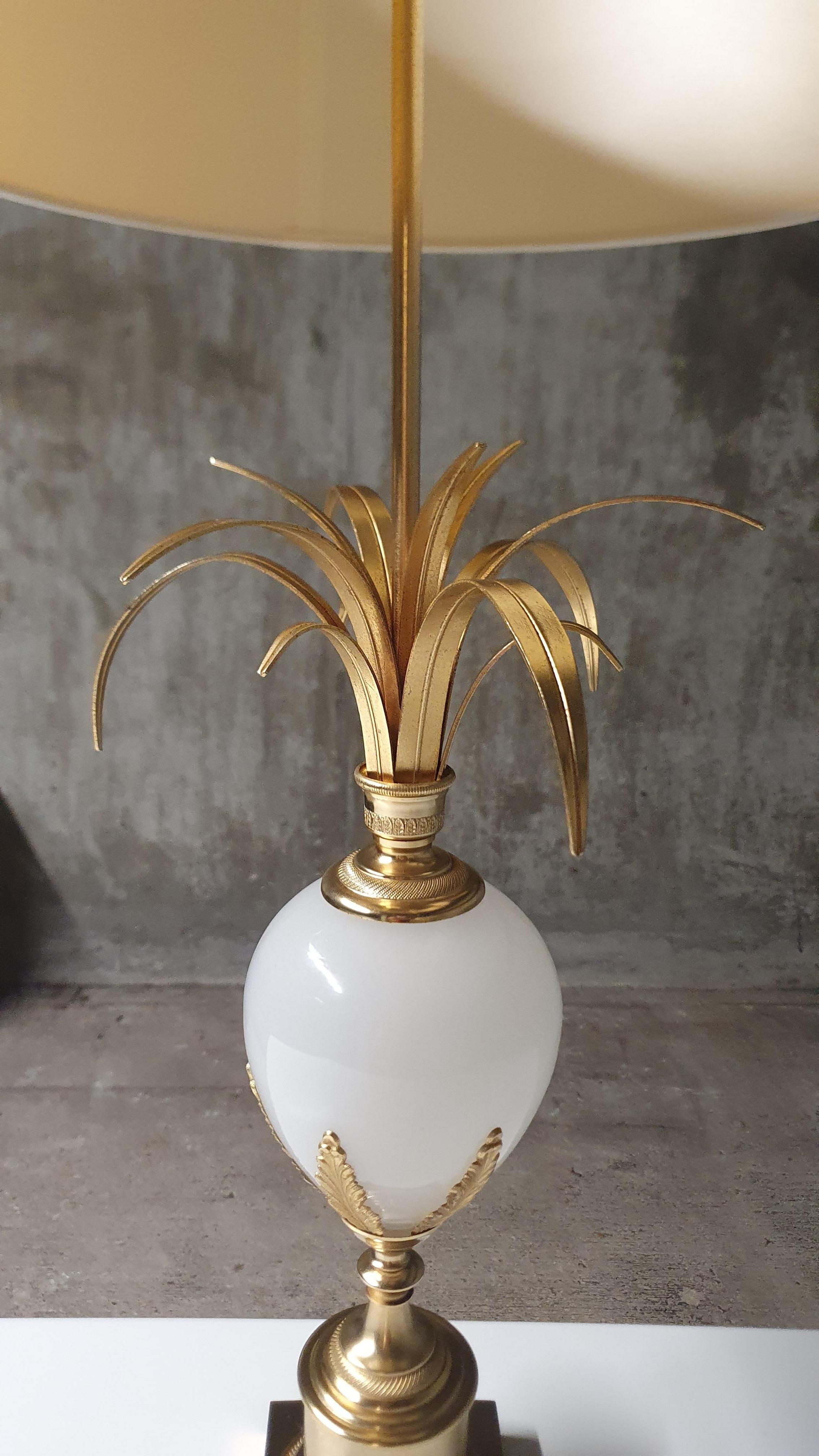 Hollywood Regency S.A. Boulanger Bronze and Brass Palm Leaf Table lamp with Milk Glass Ostrich Egg