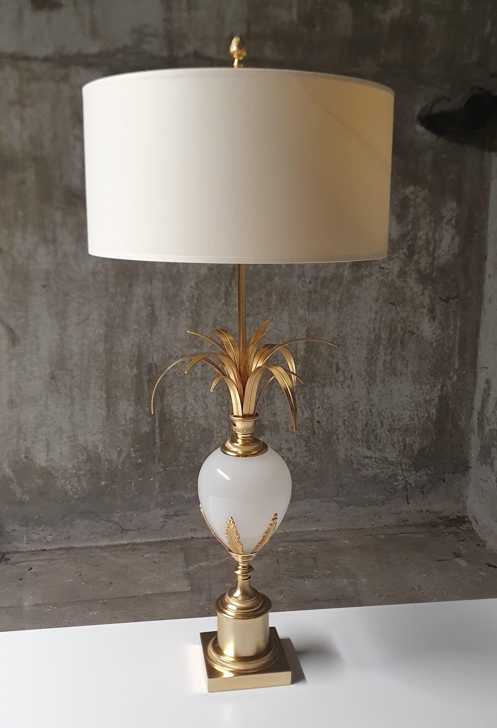 French S.A. Boulanger Bronze and Brass Palm Leaf Table lamp with Milk Glass Ostrich Egg