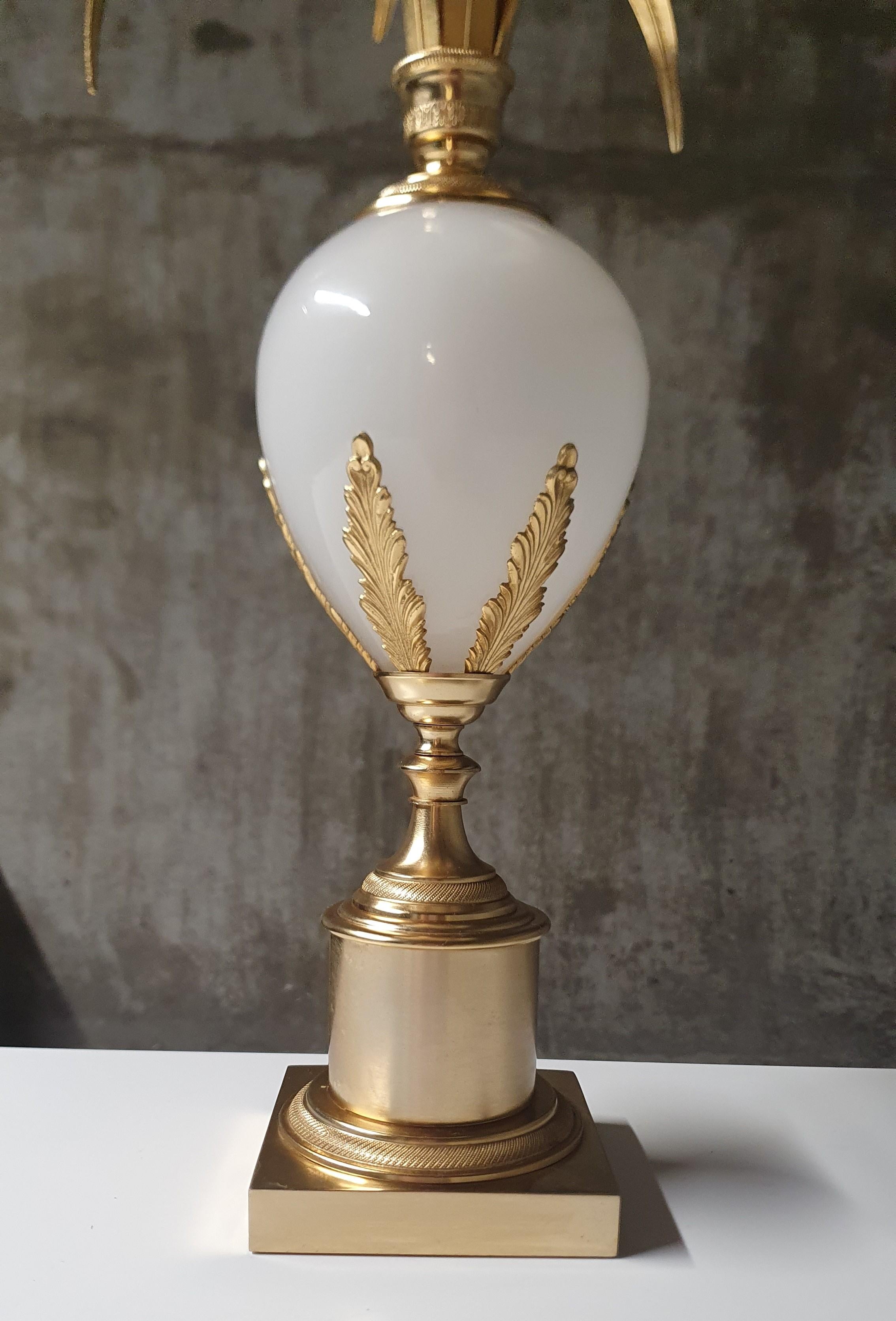 Molded S.A. Boulanger Bronze and Brass Palm Leaf Table lamp with Milk Glass Ostrich Egg