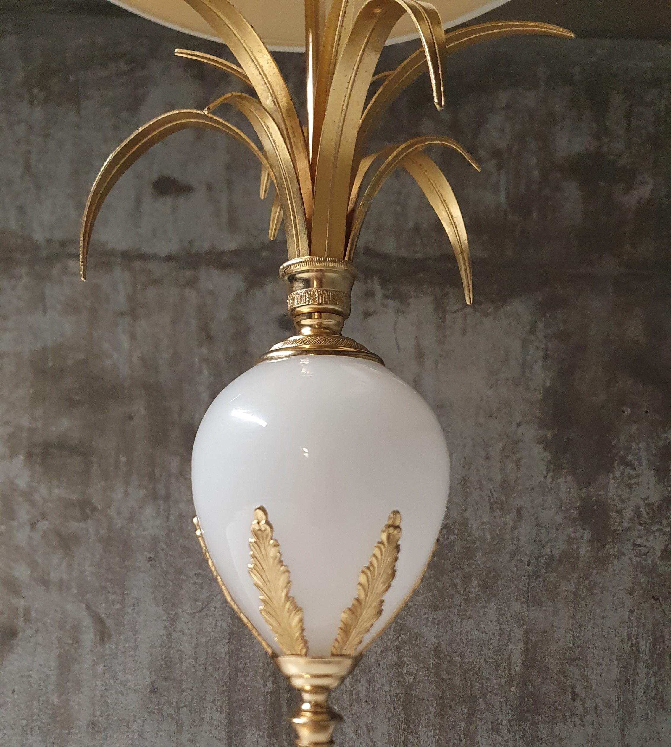 Late 20th Century S.A. Boulanger Bronze and Brass Palm Leaf Table lamp with Milk Glass Ostrich Egg