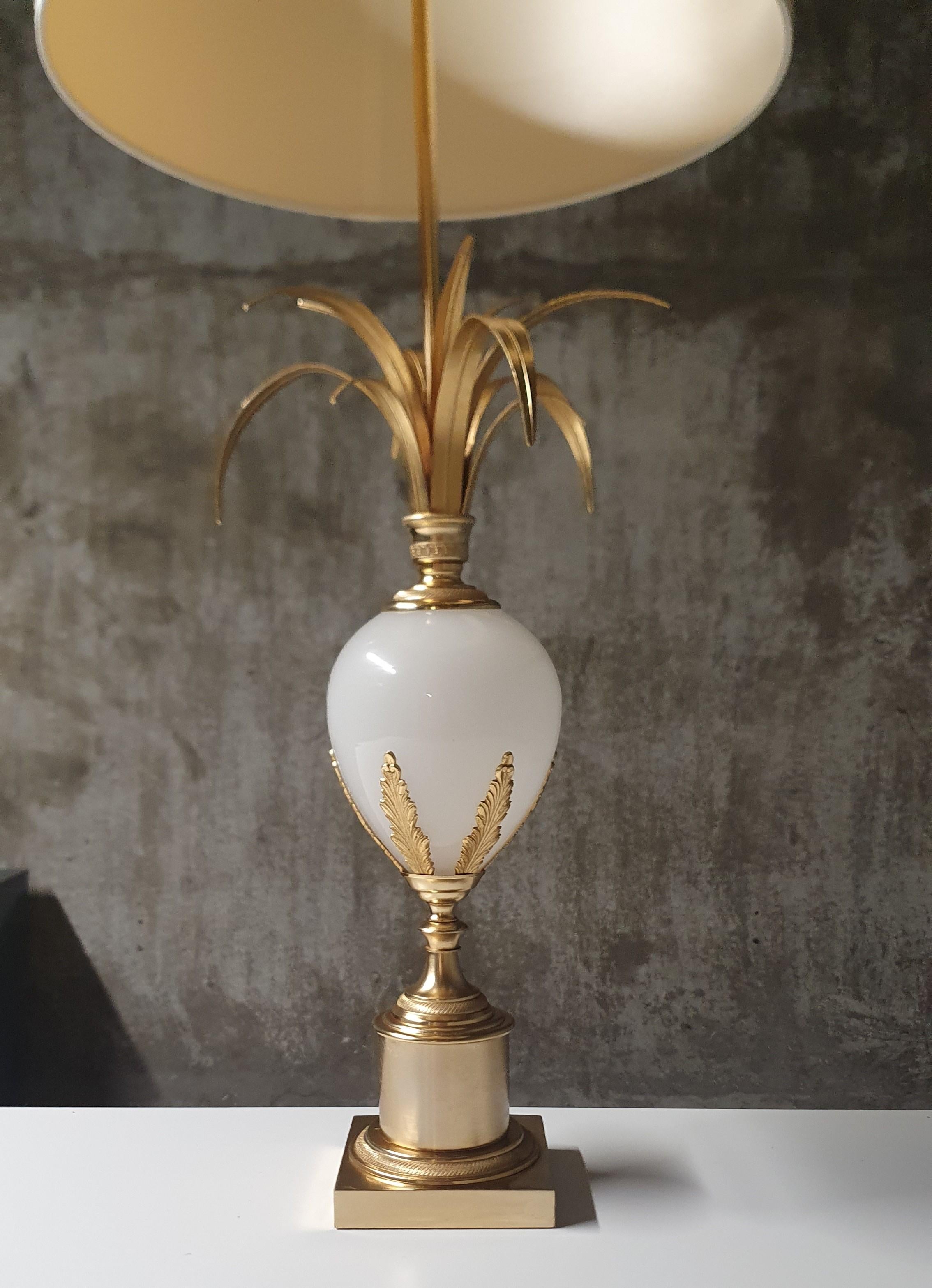 S.A. Boulanger Bronze and Brass Palm Leaf Table lamp with Milk Glass Ostrich Egg 1