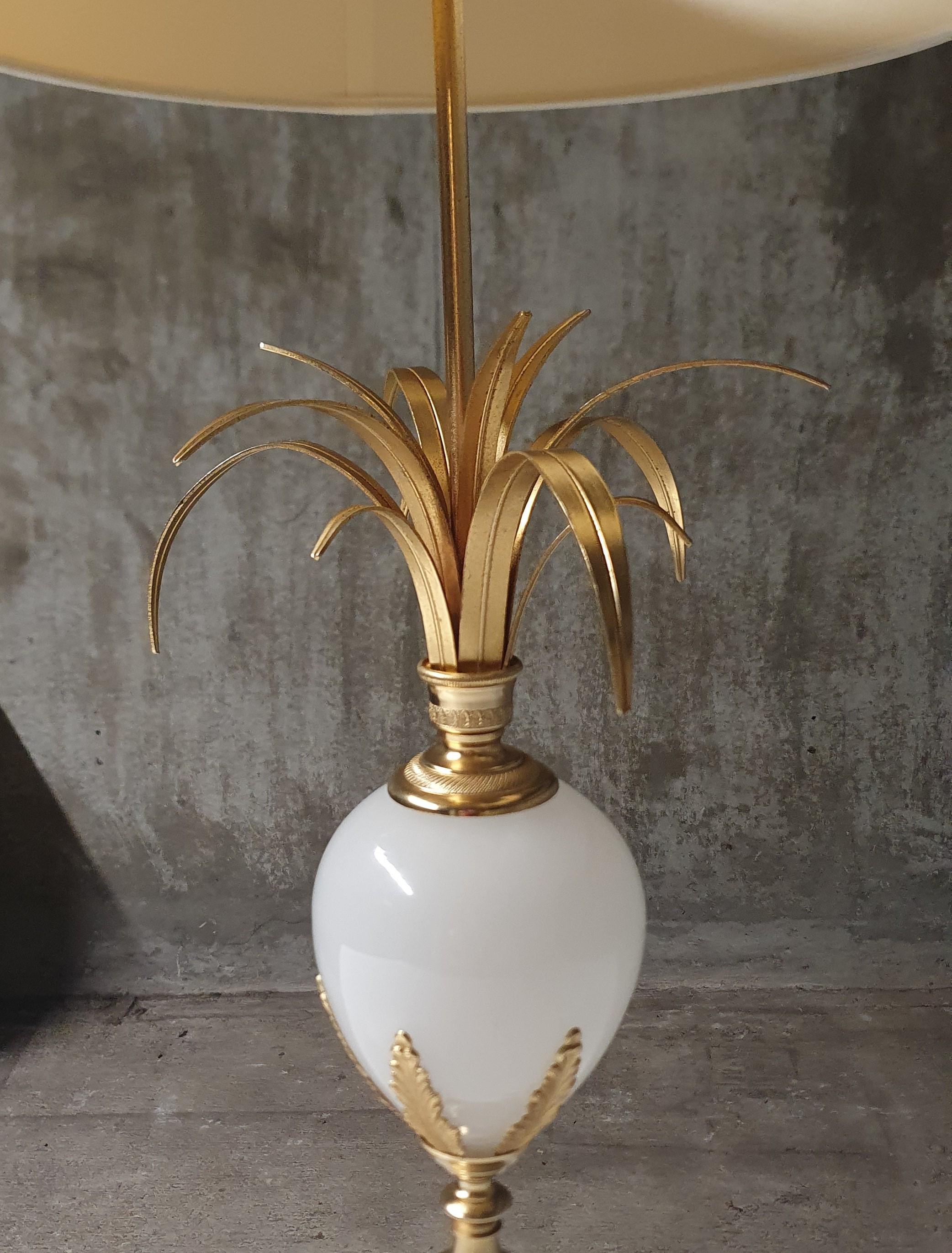 S.A. Boulanger Bronze and Brass Palm Leaf Table lamp with Milk Glass Ostrich Egg 2