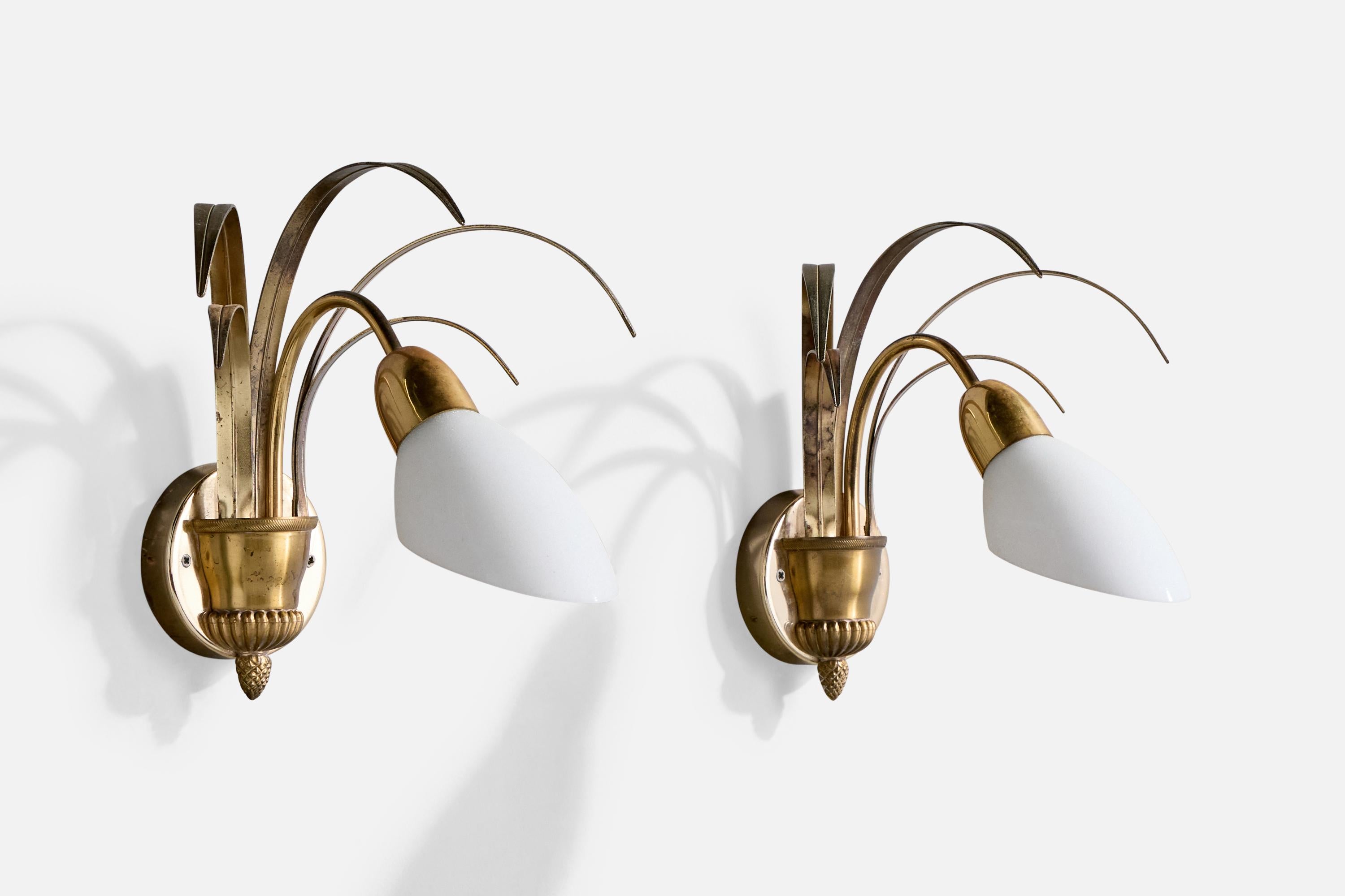A pair of brass and white opaline glass wall lights designed and produced by S.A. Boulanger, Belgium, c. 1970s.

Overall Dimensions (inches): 10.25” H x 9.5” W x 10.25“ D

Back Plate Dimensions (Inches): 3.5” H x 3.5” W x .875” D

Bulb