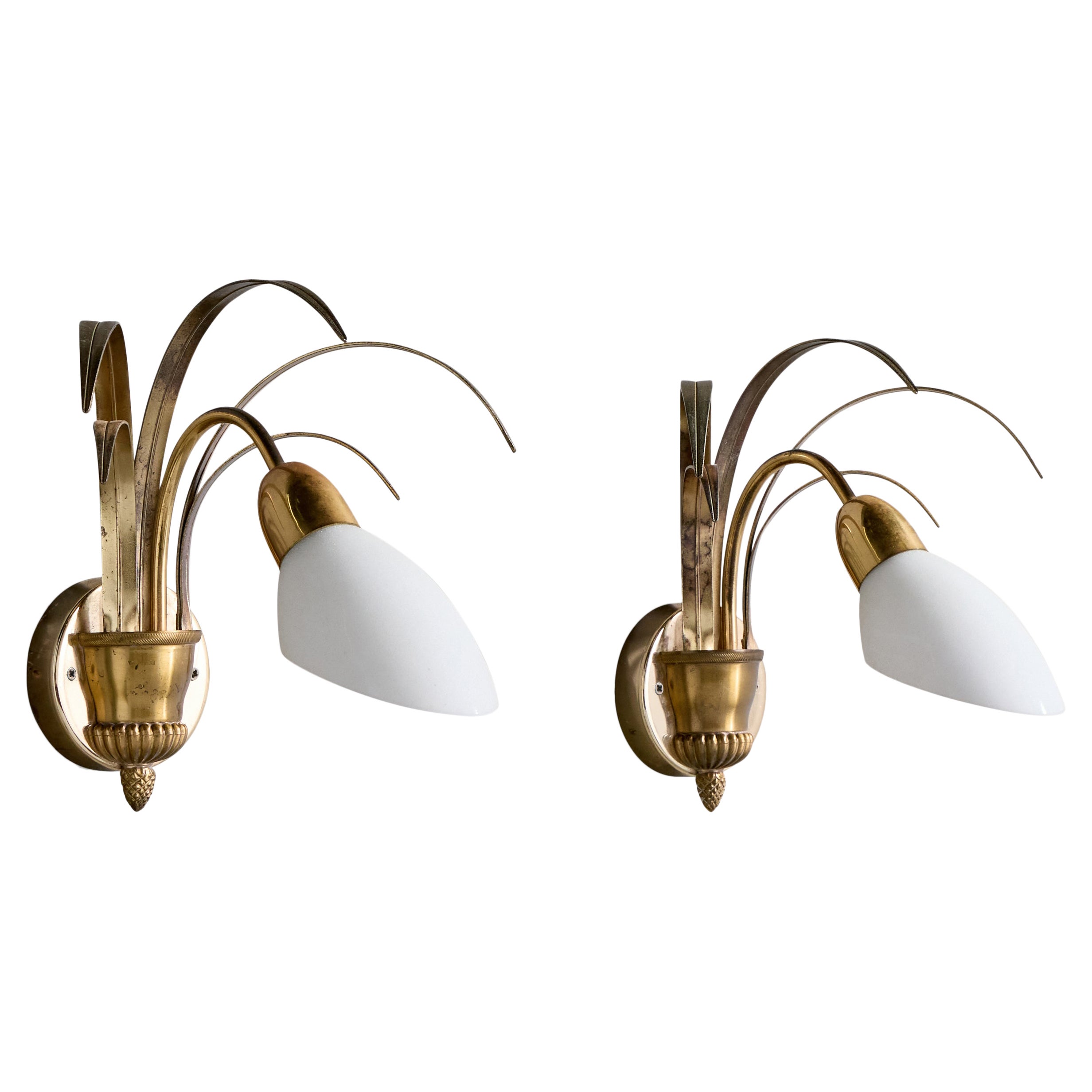 S.A. Boulanger, Wall Lights, Brass, Glass, Belgium, 1970s