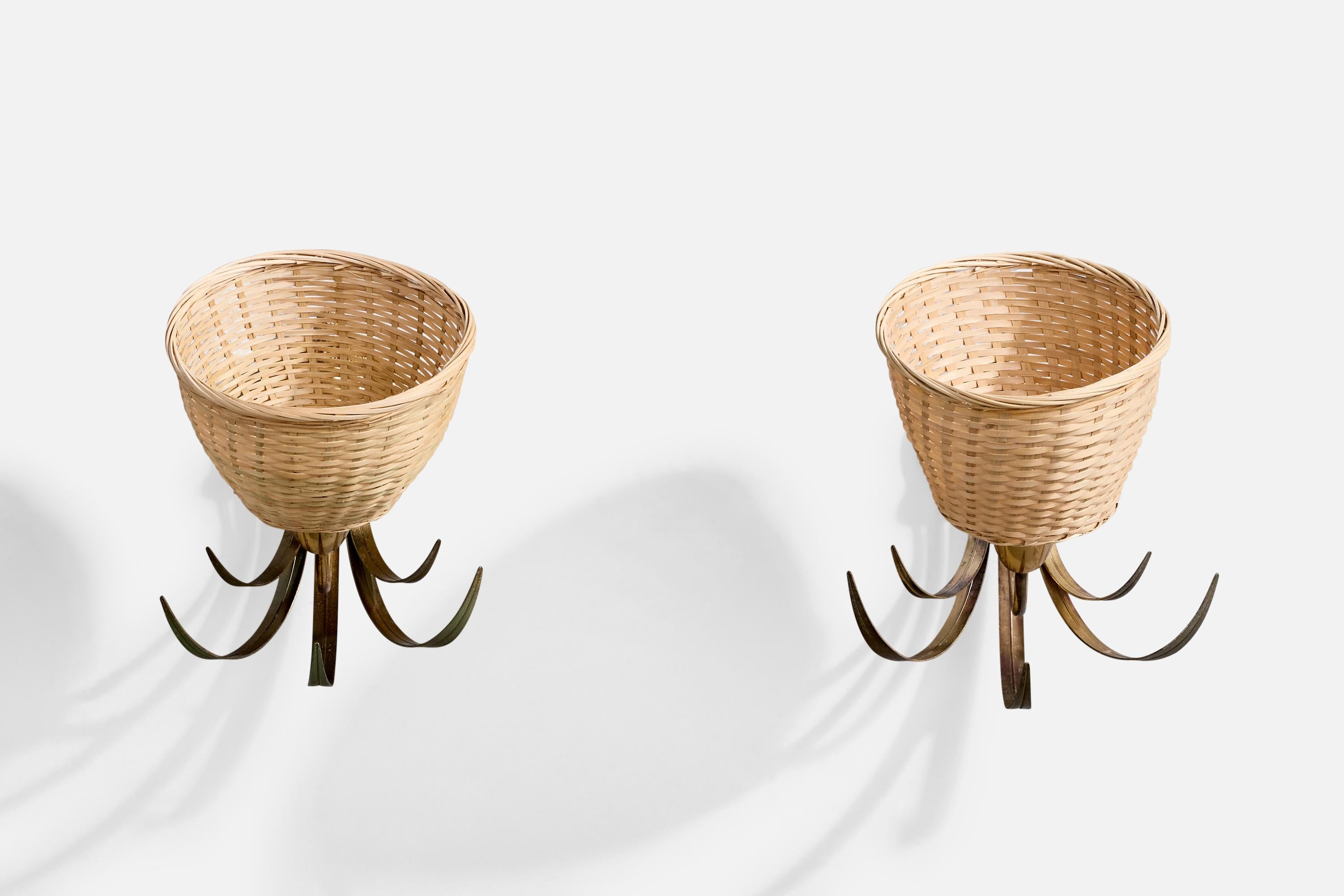 Mid-Century Modern S.A. Boulanger, Wall Lights, Brass, Rattan, Belgium, 1970s