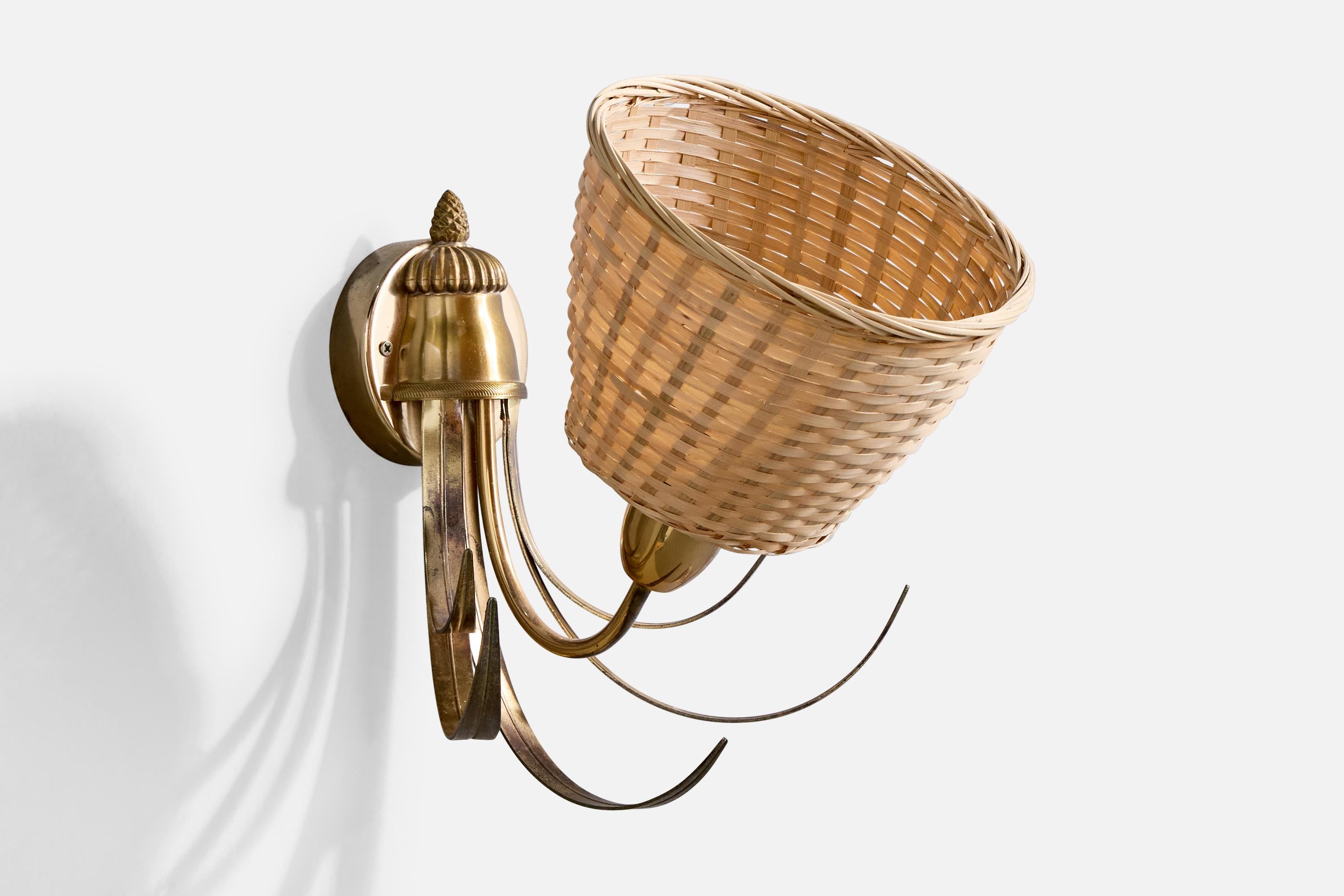 Belgian S.A. Boulanger, Wall Lights, Brass, Rattan, Belgium, 1970s