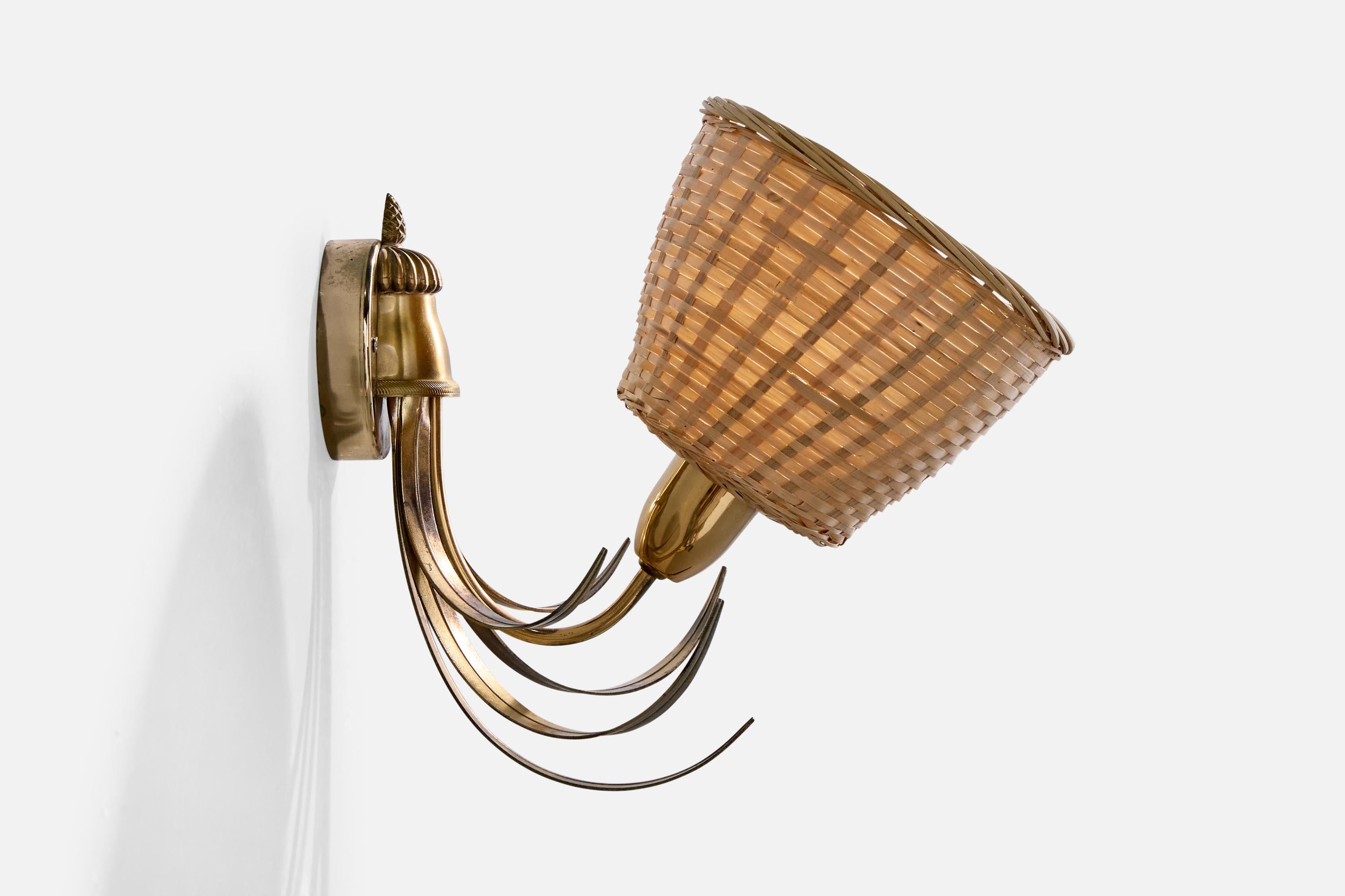 Late 20th Century S.A. Boulanger, Wall Lights, Brass, Rattan, Belgium, 1970s