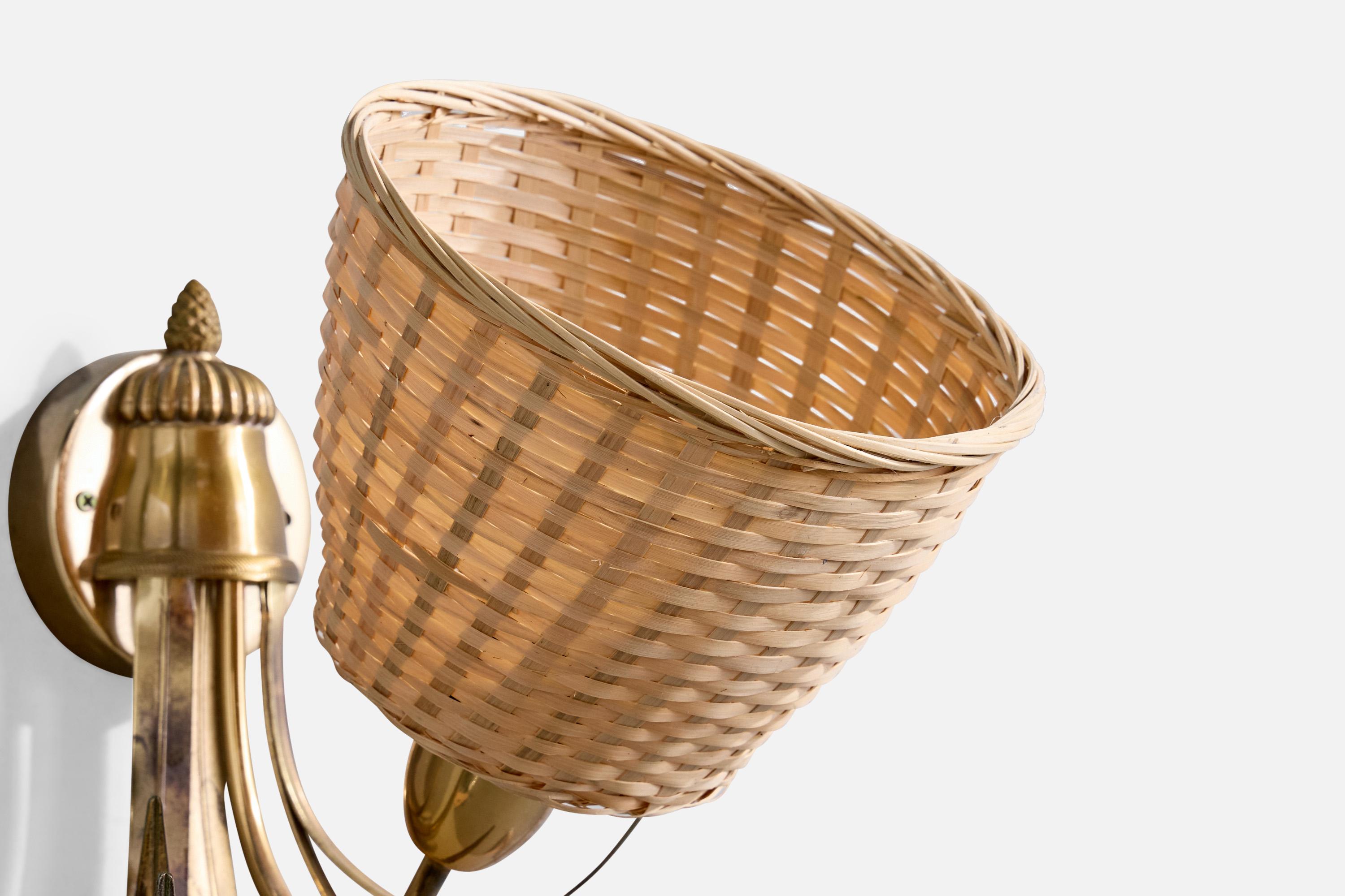 S.A. Boulanger, Wall Lights, Brass, Rattan, Belgium, 1970s 1