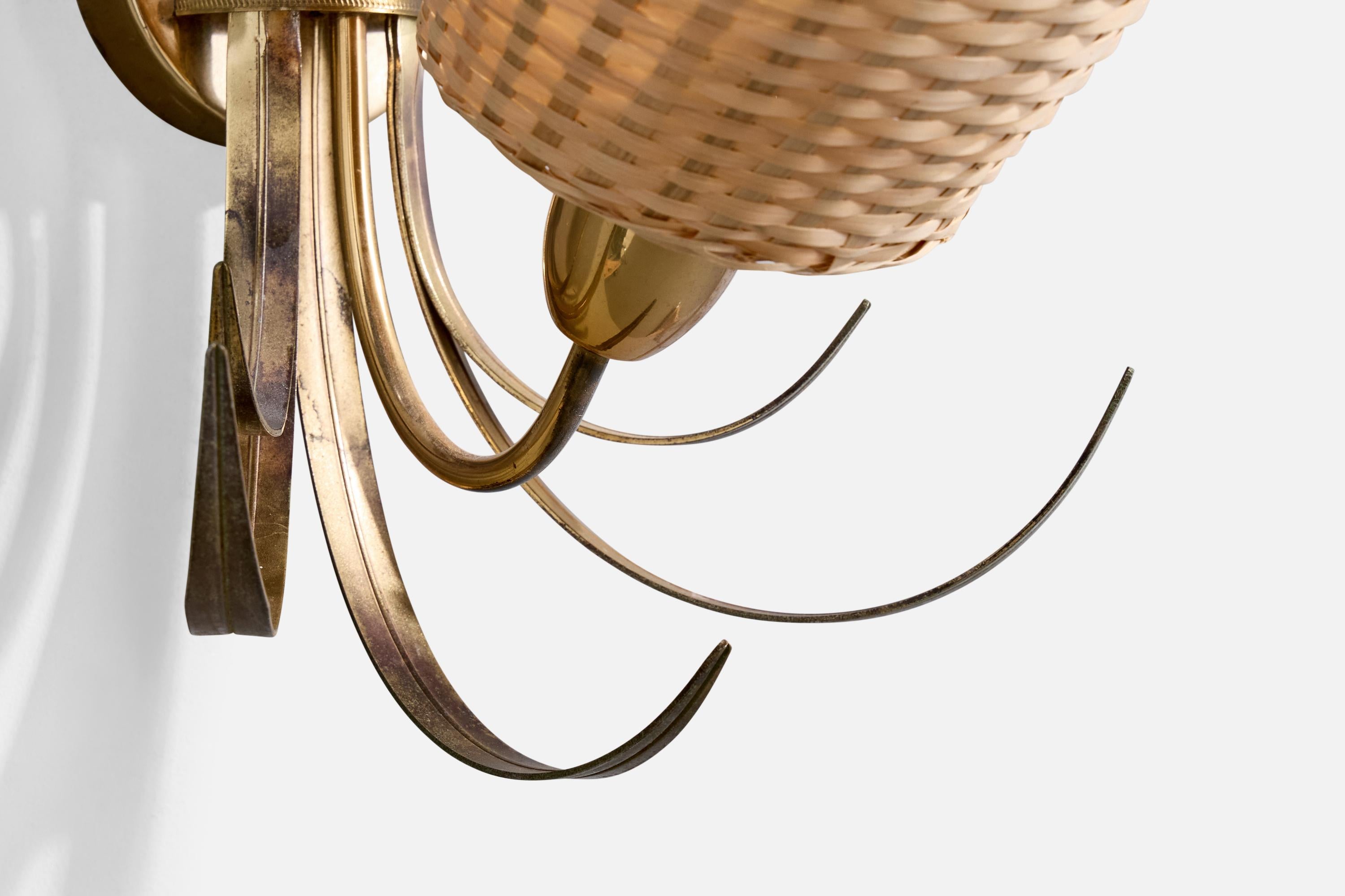 S.A. Boulanger, Wall Lights, Brass, Rattan, Belgium, 1970s 2