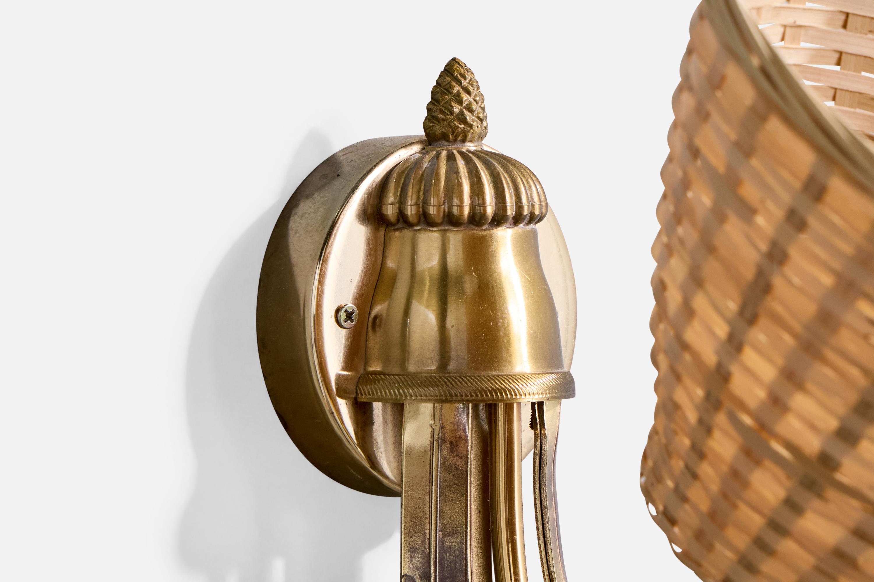 S.A. Boulanger, Wall Lights, Brass, Rattan, Belgium, 1970s 3