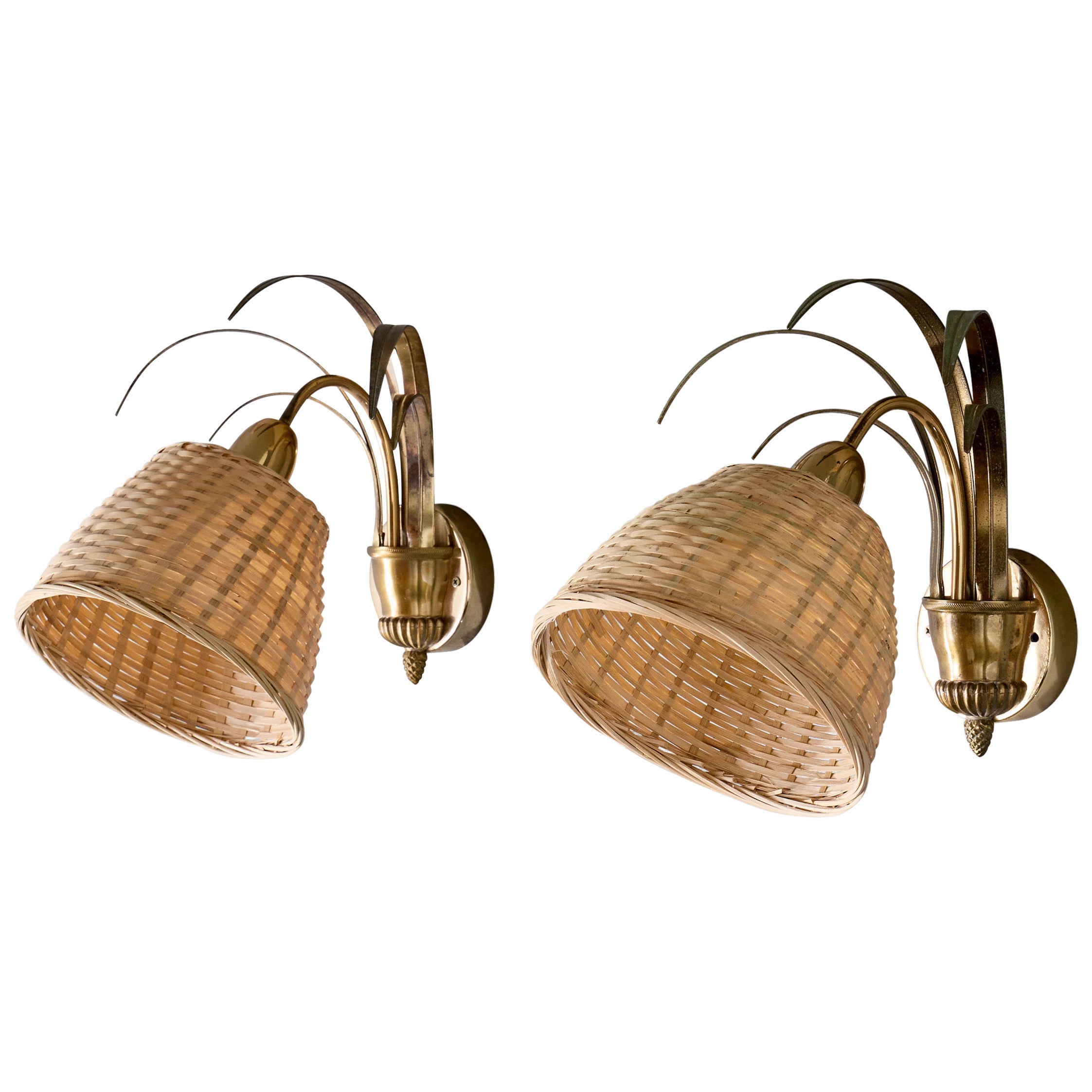 S.A. Boulanger, Wall Lights, Brass, Rattan, Belgium, 1970s