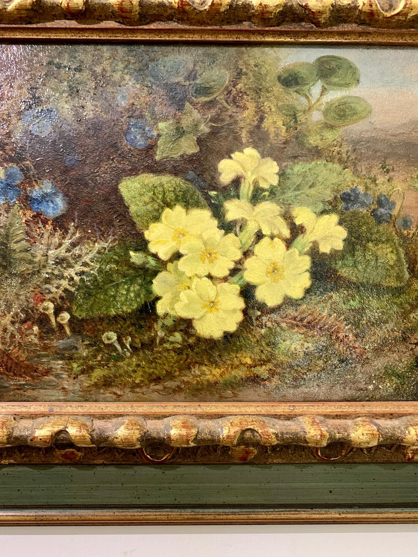 19th century English Victorian still life of yellow Violets in a landscape - Painting by S.A Bridges
