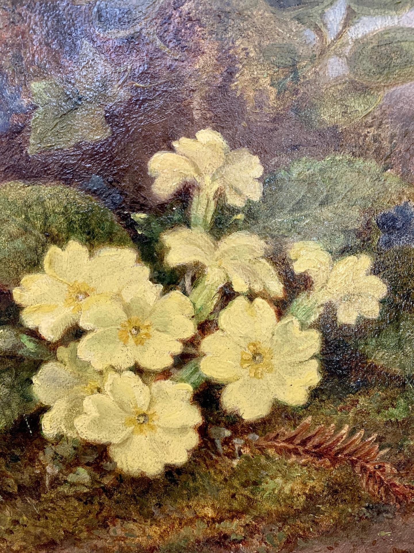 19th century English Victorian still life of yellow Violets in a landscape - Yellow Landscape Painting by S.A Bridges