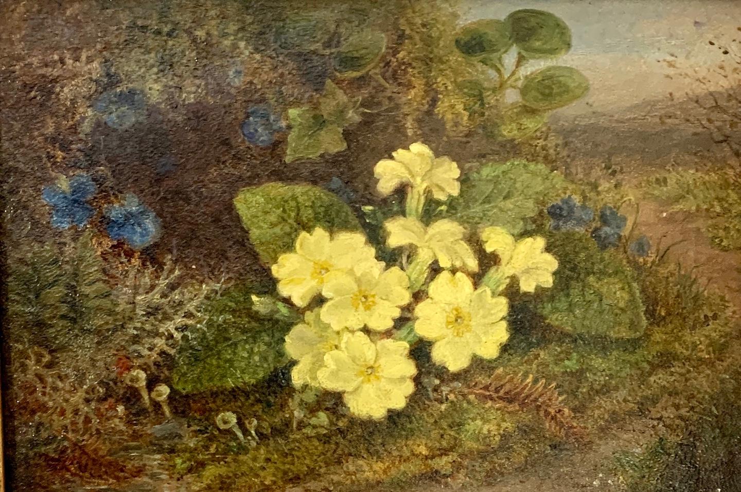 19th century English Victorian still life of yellow Violets in a landscape 1