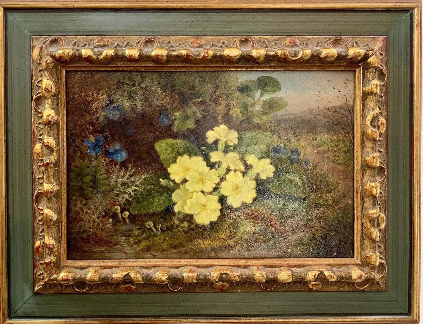 S.A Bridges Landscape Painting - 19th century English Victorian still life of yellow Violets in a landscape