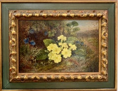 19th century English Victorian still life of yellow Violets in a landscape