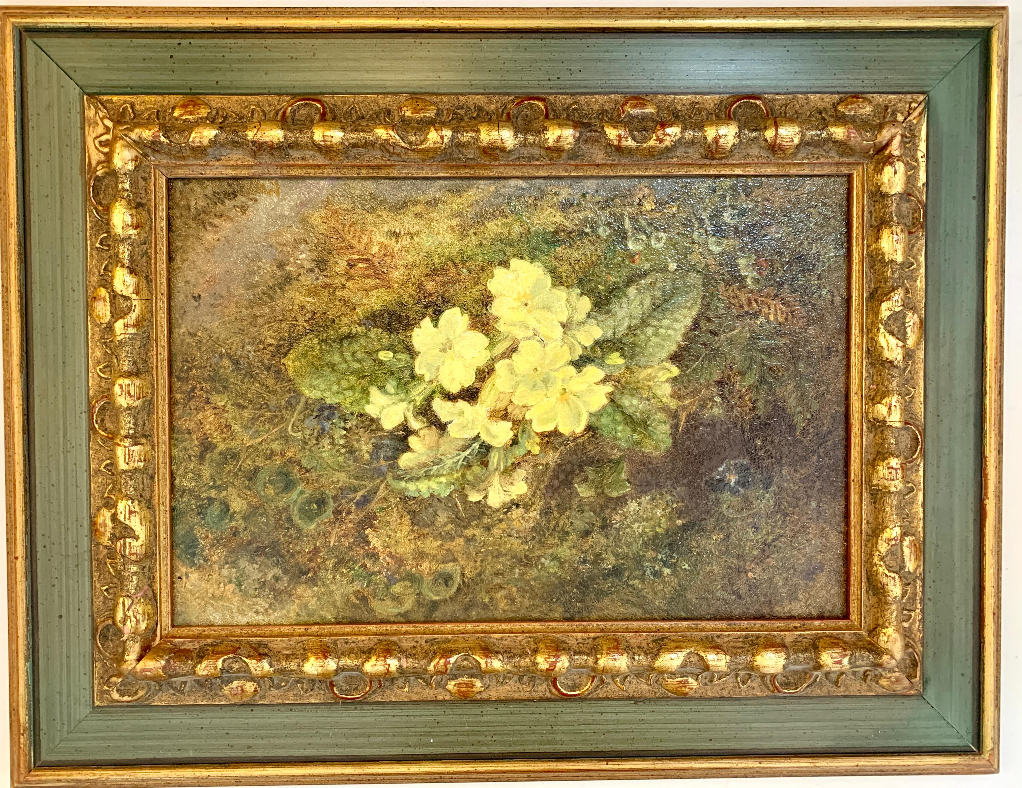 S.A Bridges Still-Life Painting - 19th century English Victorian still life of yellow Violets in a landscape