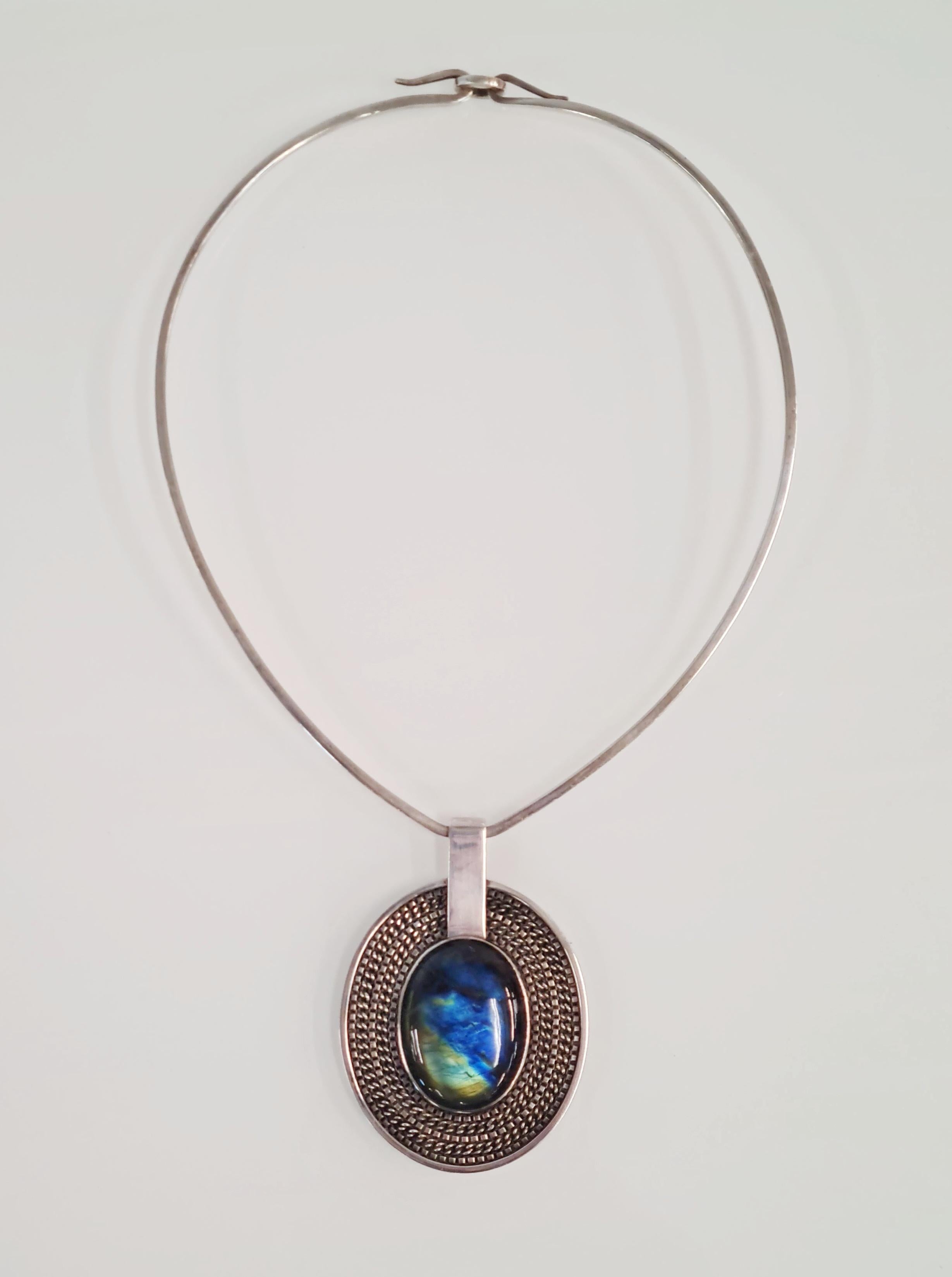 Saara Hopea Silver Pendant with Composite Spectrolite Stone In Good Condition In Helsinki, FI