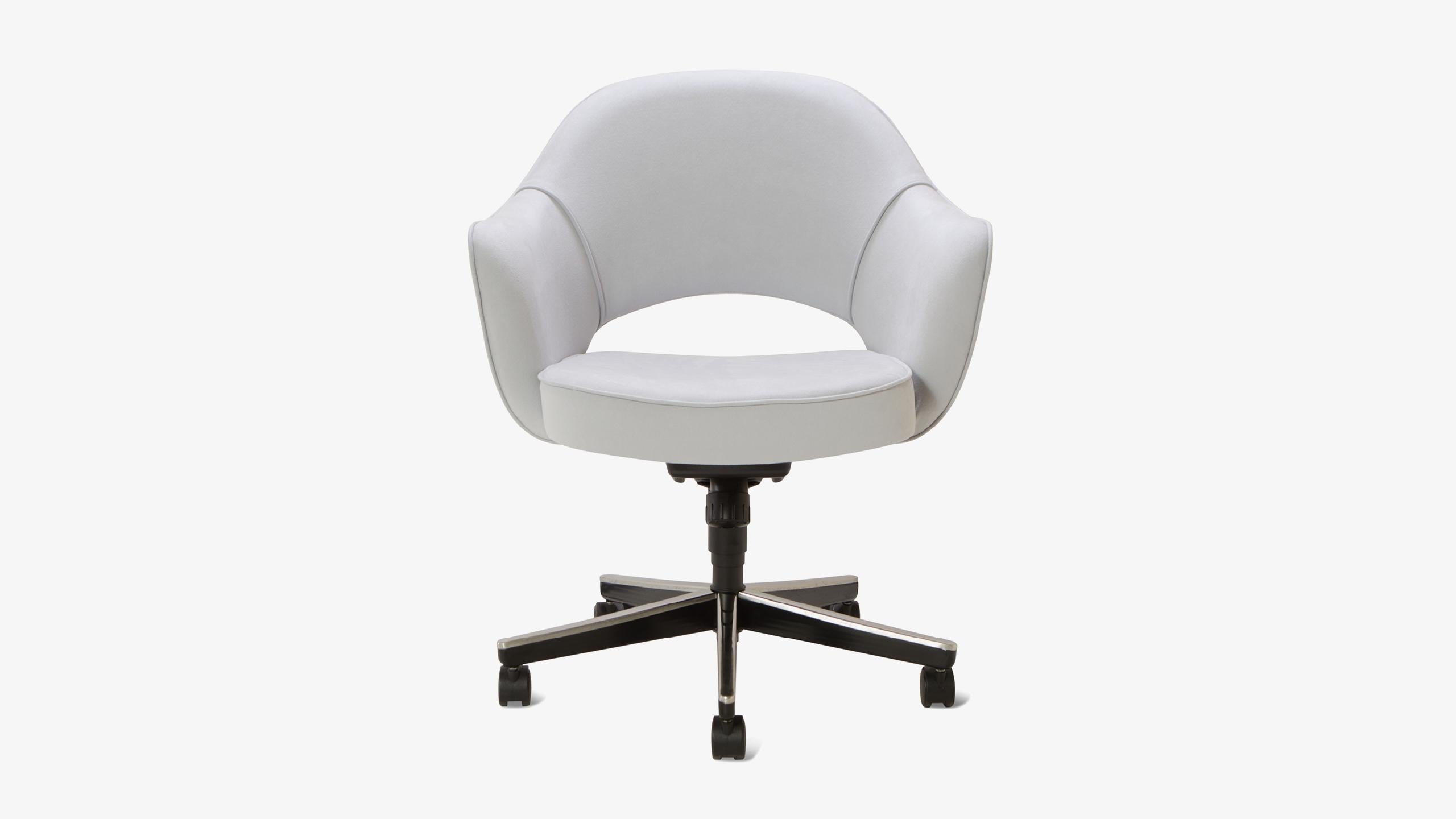 We have been restoring Saarinen executive chairs for years in every fabric one can imagine, right in our very own workroom. We’ve restored these chairs using a soft yet durable Luxe Suede in Fog. Please inquire about the possibilities of our