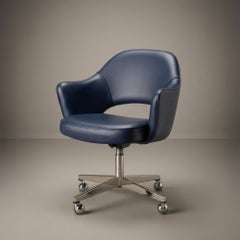 Saarinen Executive Arm Chair in Ink Blue Leather & Stainless Base by Knoll