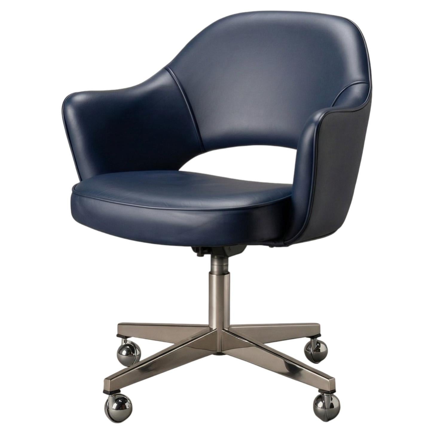 Saarinen Executive Arm Chair in Ink Blue Leather & Stainless Base by Knoll For Sale