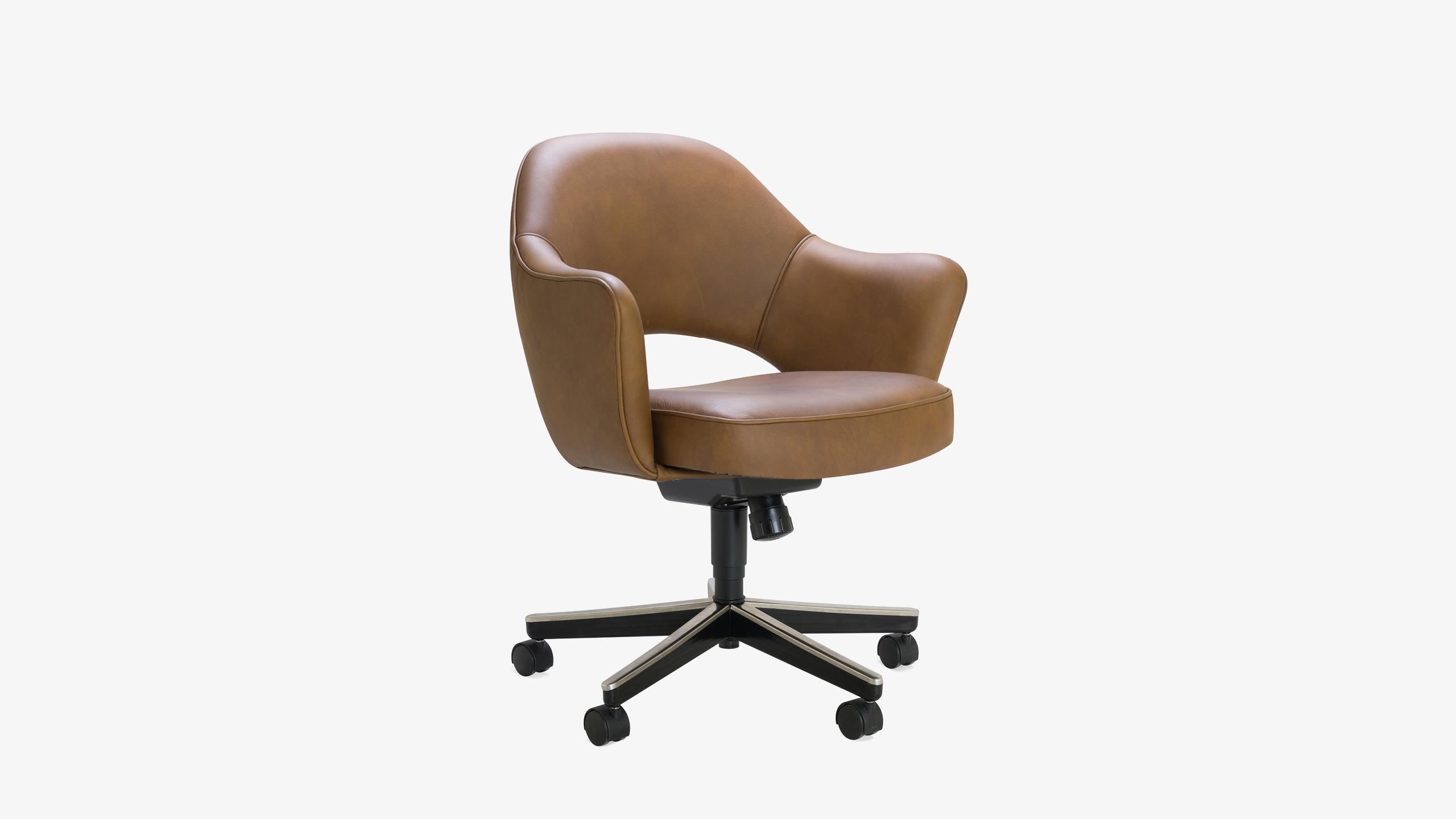 We have been restoring Saarinen executive chairs for years in every fabric one can imagine, right in our very own workroom. We’ve restored these chairs using a supple Italian Leather in Saddle. Please inquire about the possibilities of our Workroom