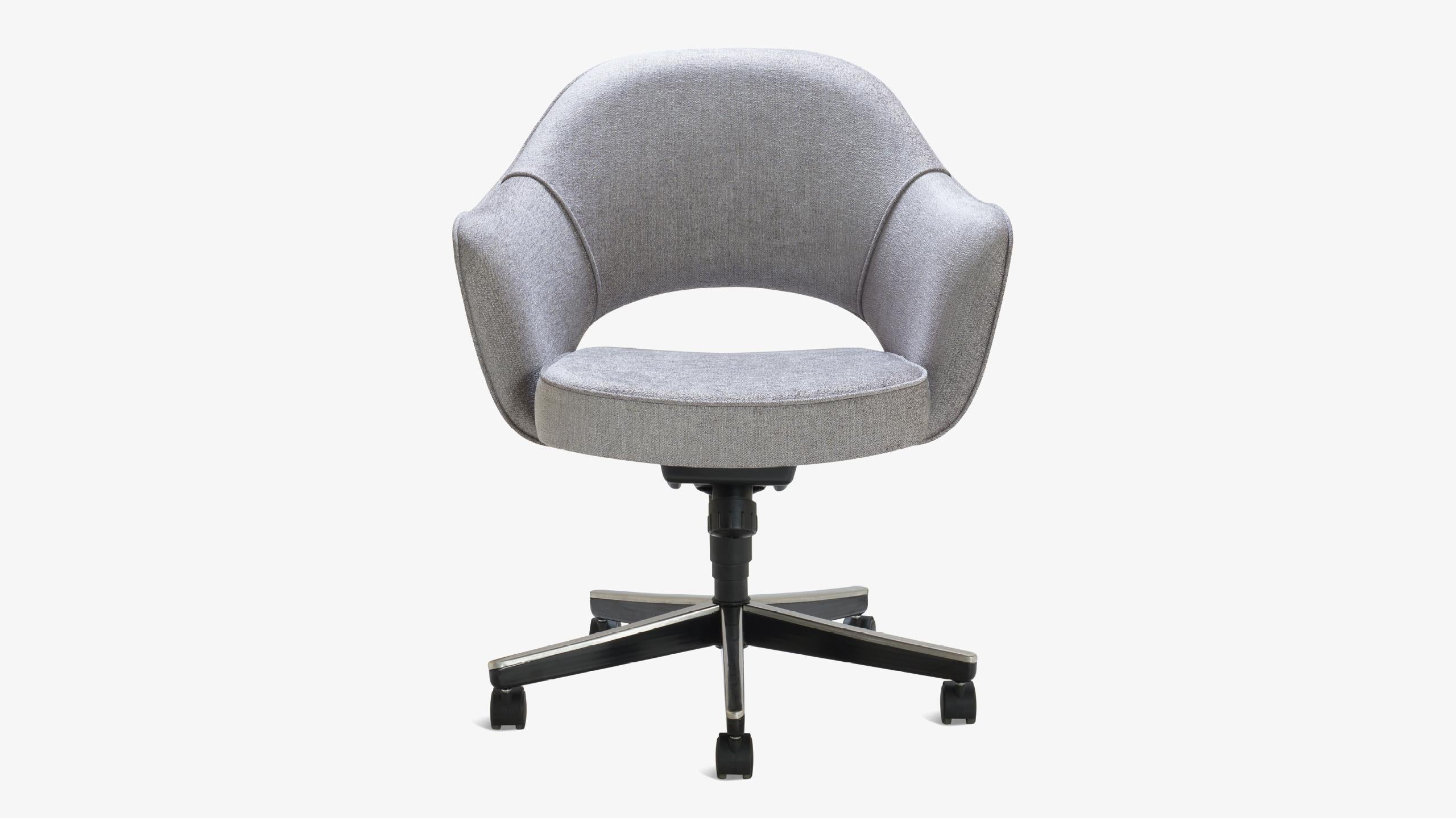 We have been restoring Saarinen executive chairs for years in every fabric one can imagine, right in our very own workroom. We’ve restored these chairs using a modern basket weave in sterling gray. Skilled craftsmen bring each chair back to life to
