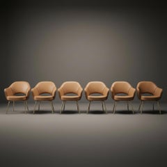 Saarinen Executive Arm Chairs in Camel Leather with Brass Legs, Set of 6