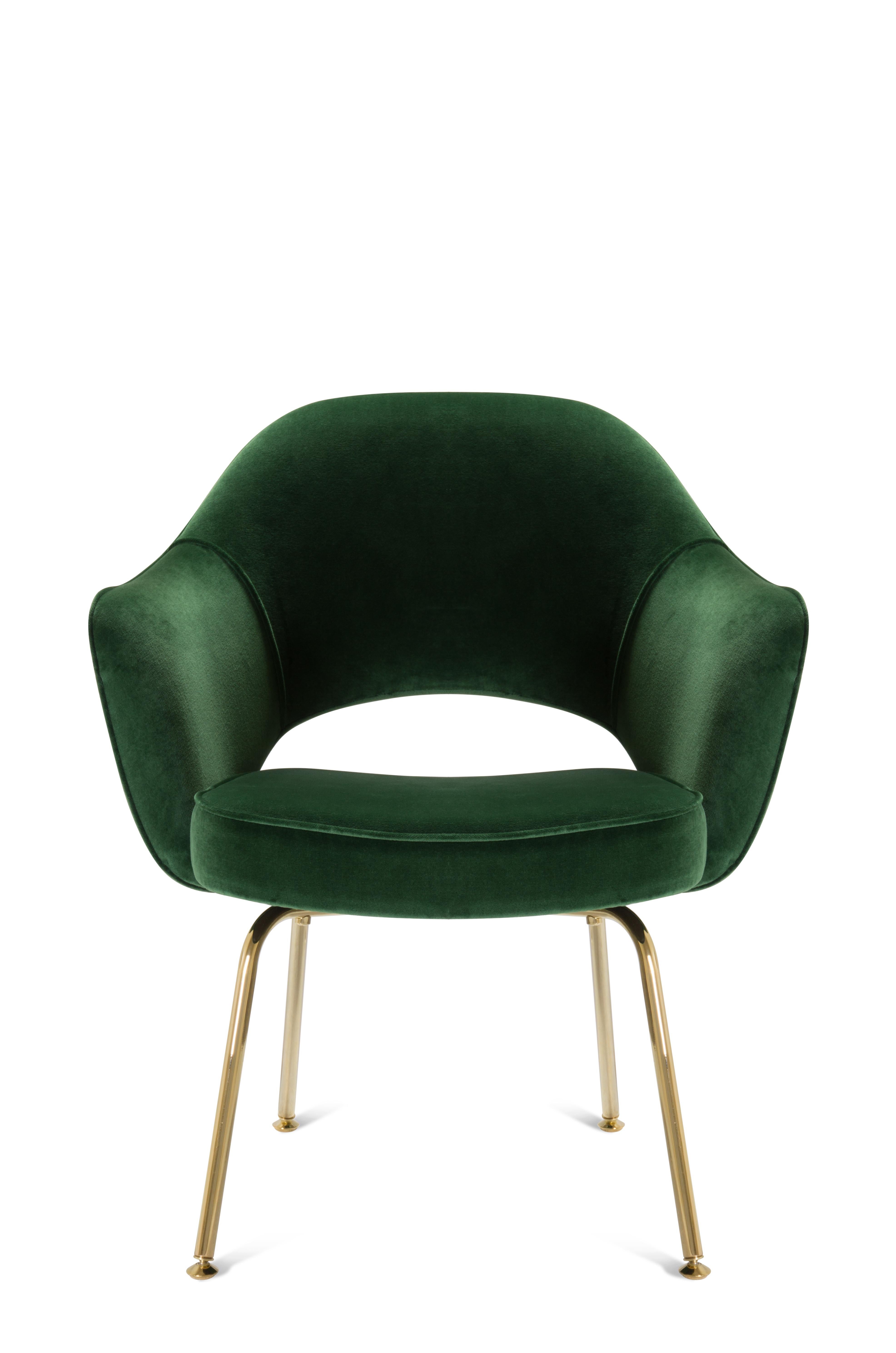 Mid-Century Modern Saarinen Executive Arm Chairs in Emerald Velvet, Gold Edition, Set of 6 For Sale