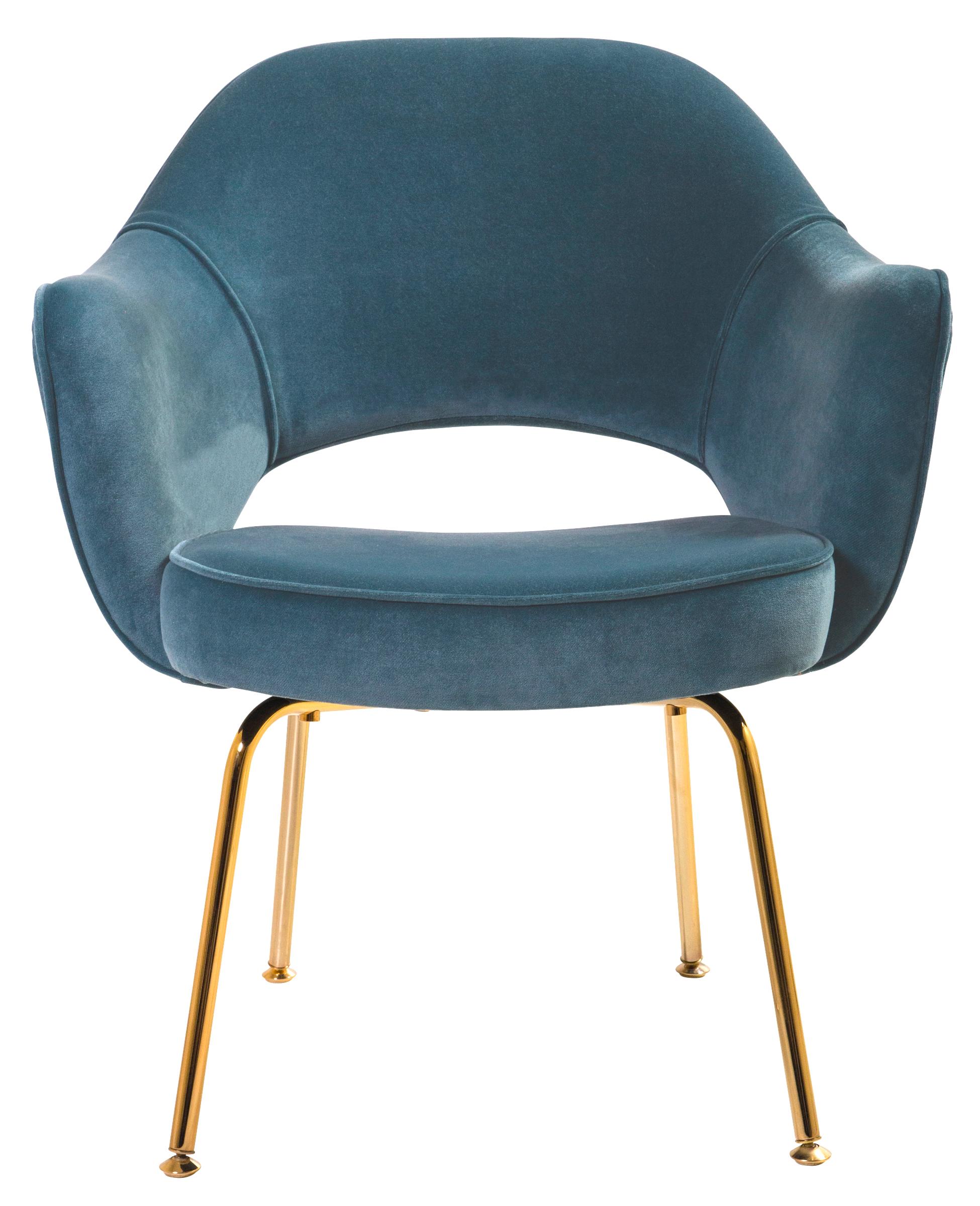 American Saarinen Executive Arm Chairs in Pavo Blue Velvet, Gold Edition, Pair For Sale