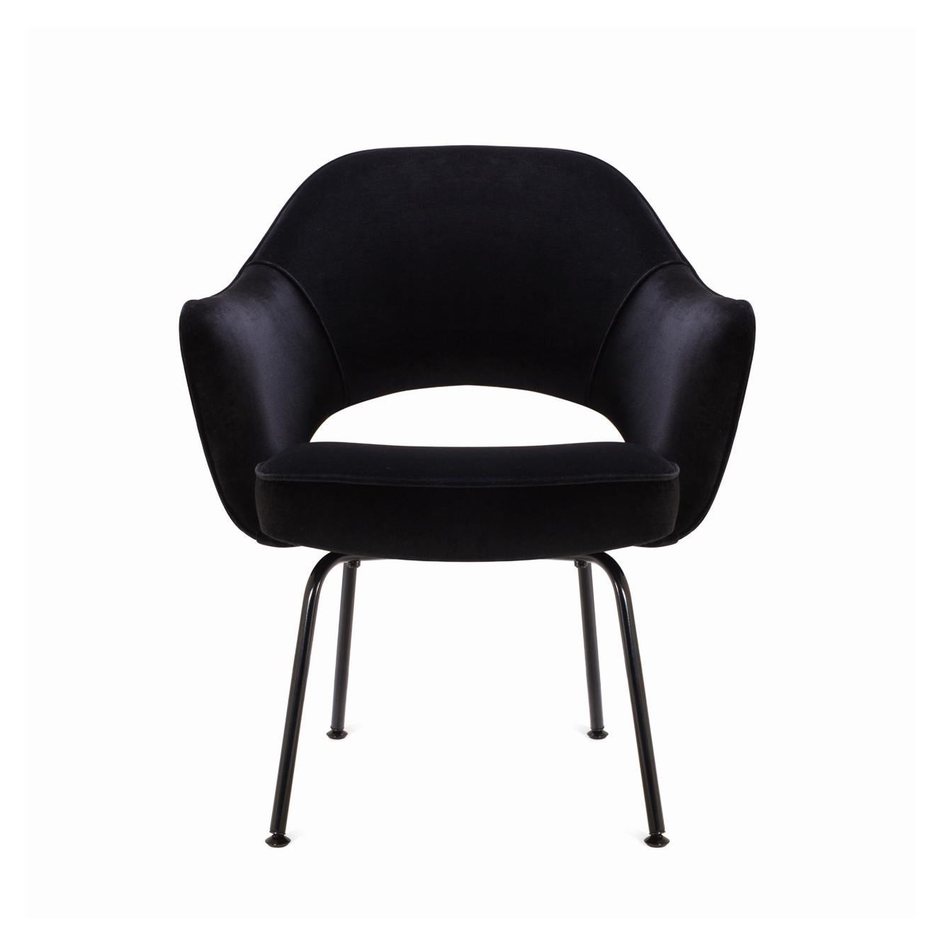 The mid-century Classic vintage Eero Saarinen Executive Armchair, manufactured by Knoll Furniture and custom upholstered in a deep 100% cotton Italian Velvet in glamorous Black. All restoration is executed in line with original specifications. Steel