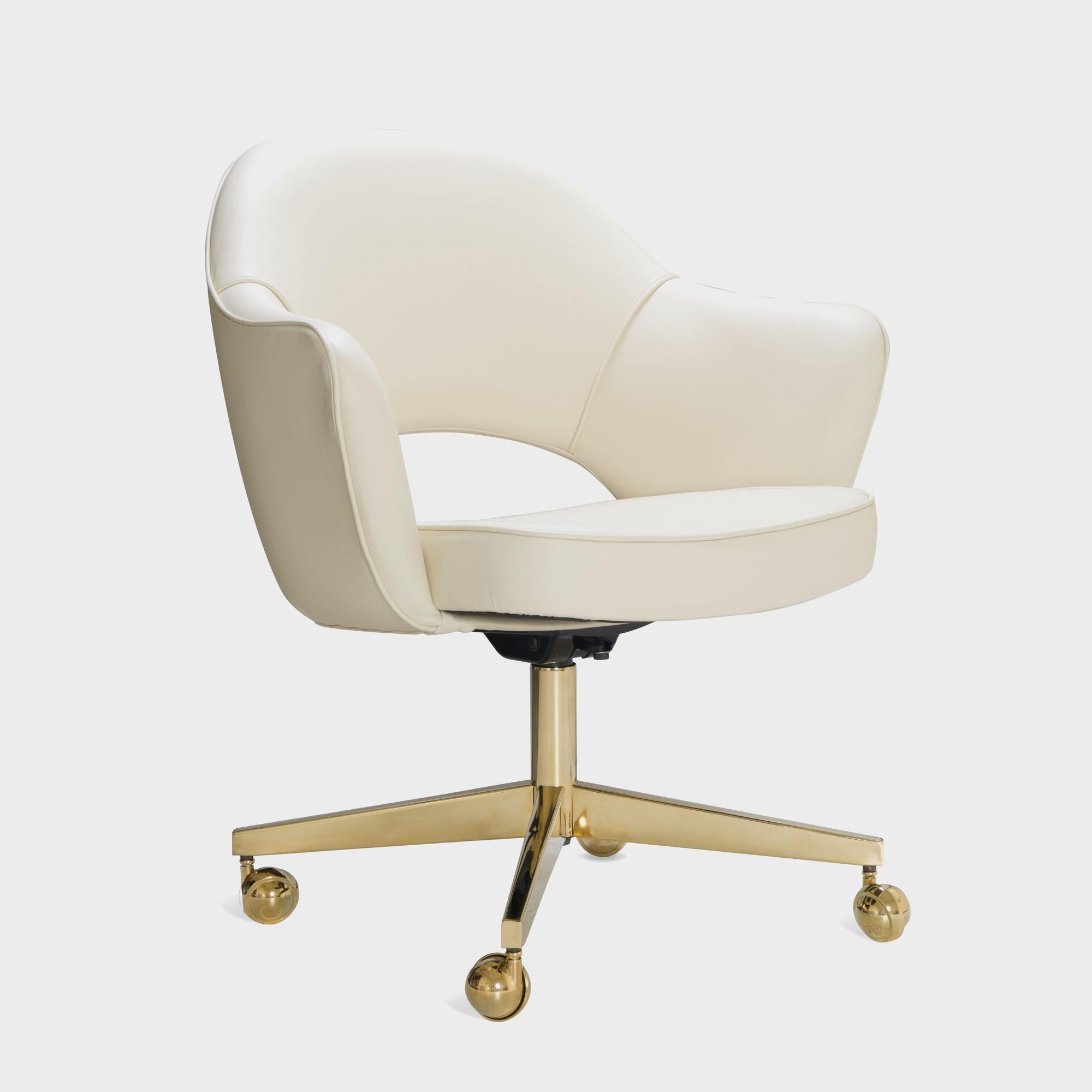 We've been restoring Saarinen executive chairs for years in every fabric one can imagine, right in our very own workroom. We’ve restored these vintage chairs using an elegant Italian Leather in the color Creme. Skilled craftsmen bring each chair