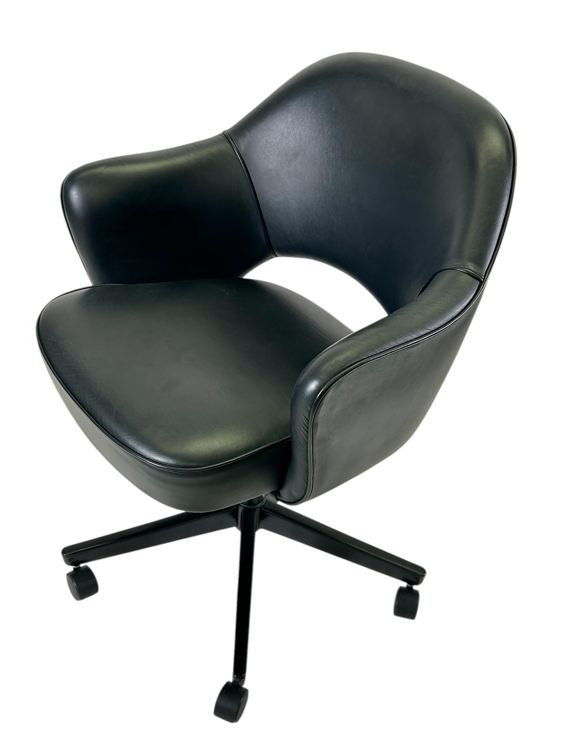 We have been restoring Saarinen executive chairs for years in every fabric one can imagine, right in our very own workroom. We’ve restored these chairs using a supple Italian Leather in Black Obsidian. This particular iteration of the Saarinen