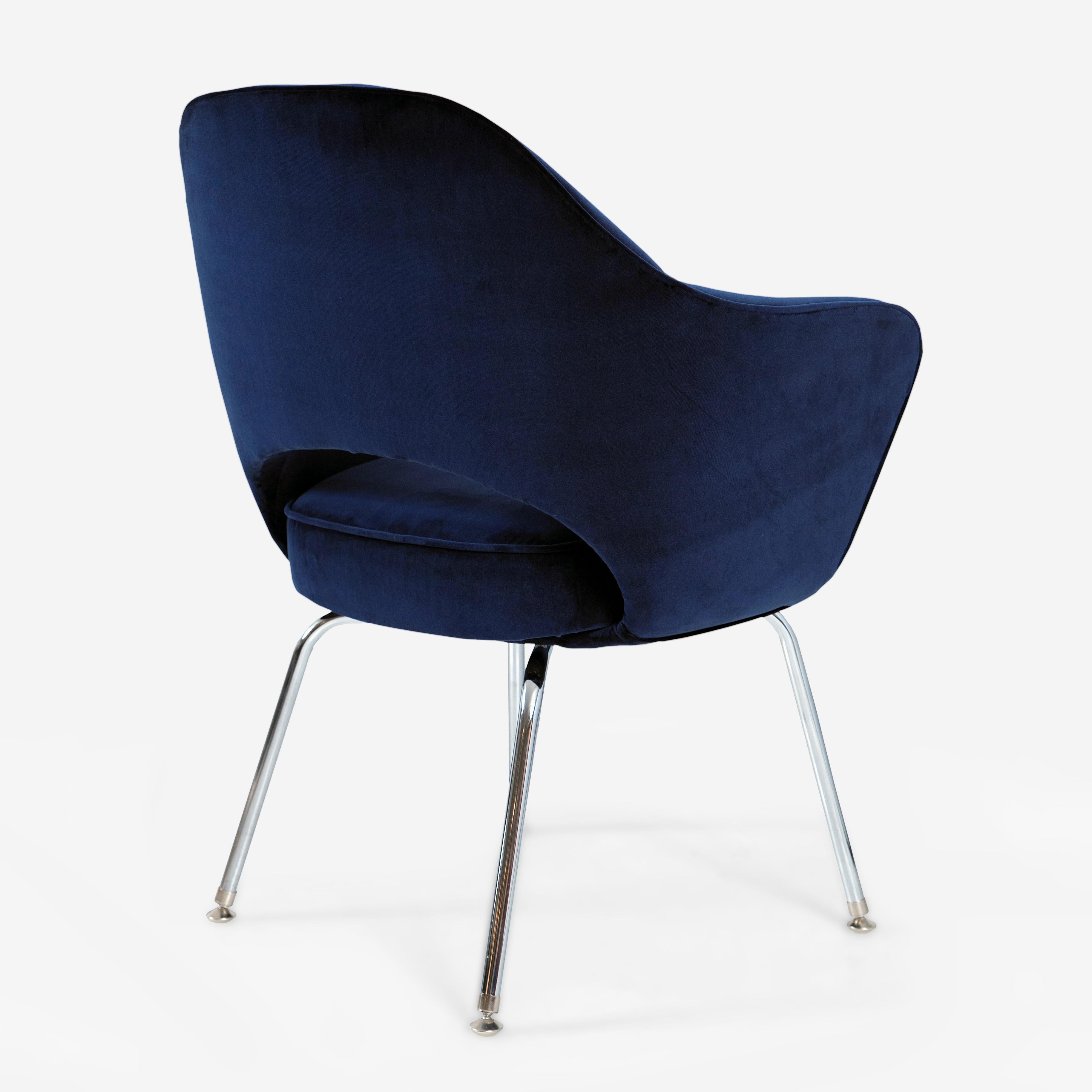 The mid-century Classic vintage Eero Saarinen Executive Armchair, manufactured by Knoll Furniture and custom upholstered in a deep 100% cotton Italian Velvet in stunning Royal Blue. All restoration is executed in line with original specifications.