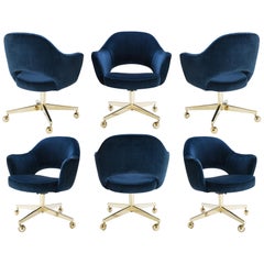 Saarinen Executive Armchairs in Velvet, Swivel Base, Gold Edition, Set of 6