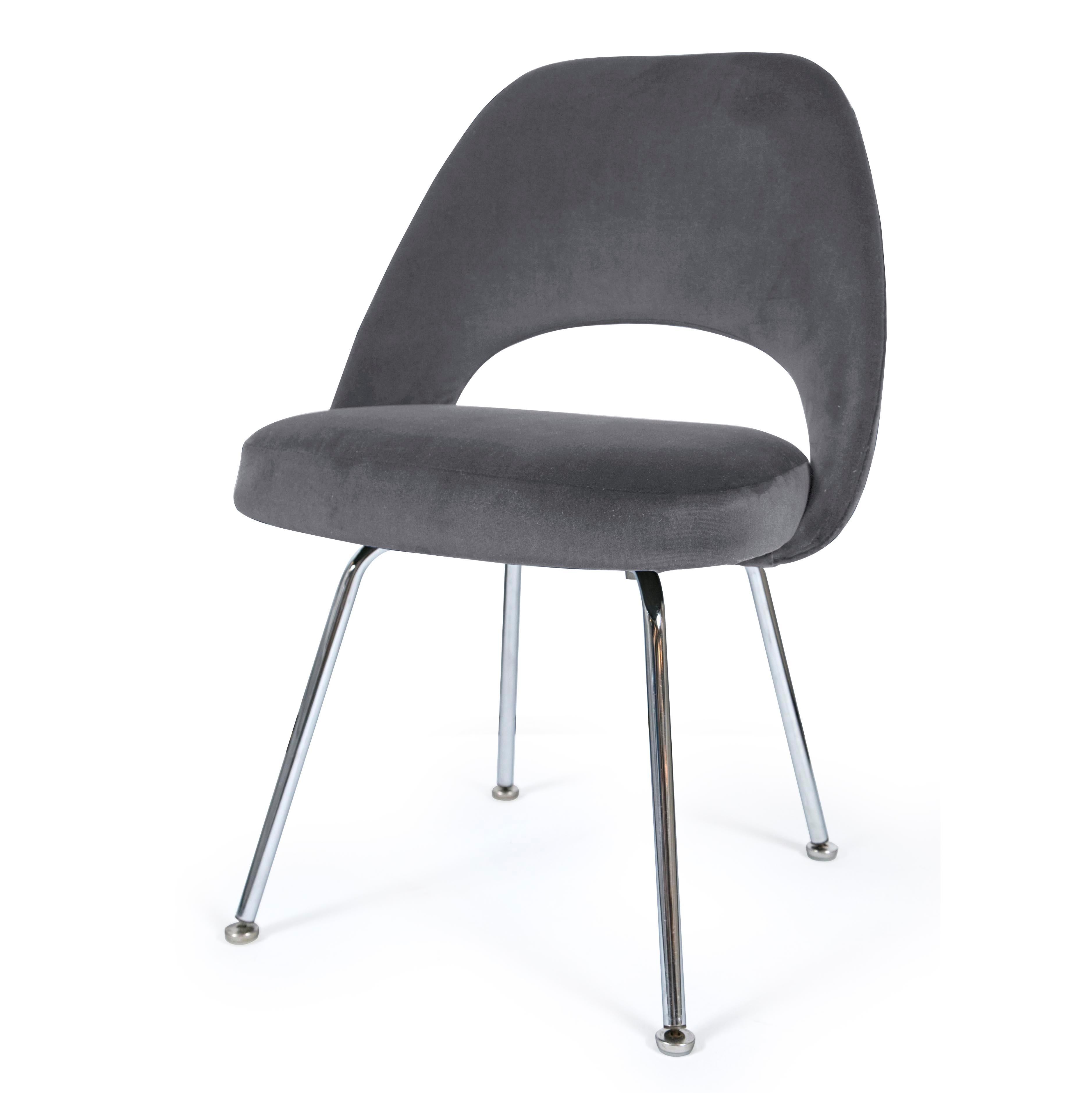 We have been restoring Saarinen Executive Chairs for years in every fabric one can imagine. We’ve restored these side chairs with polished steel tubular legs, using our stunning collection of Italian cotton velvets. In addition to new fabric, the